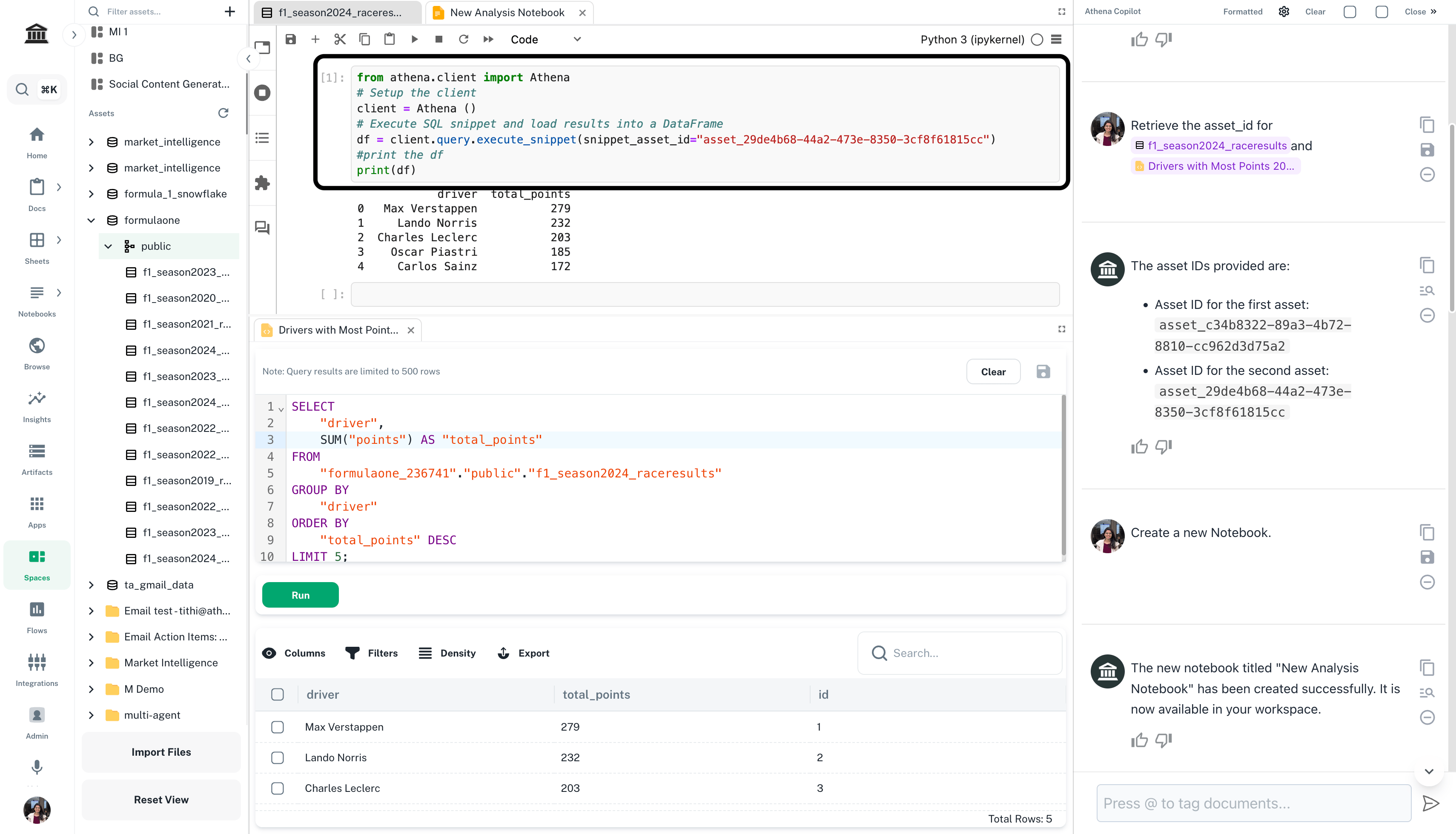 Notebook cell executing a saved query snippet and displaying results