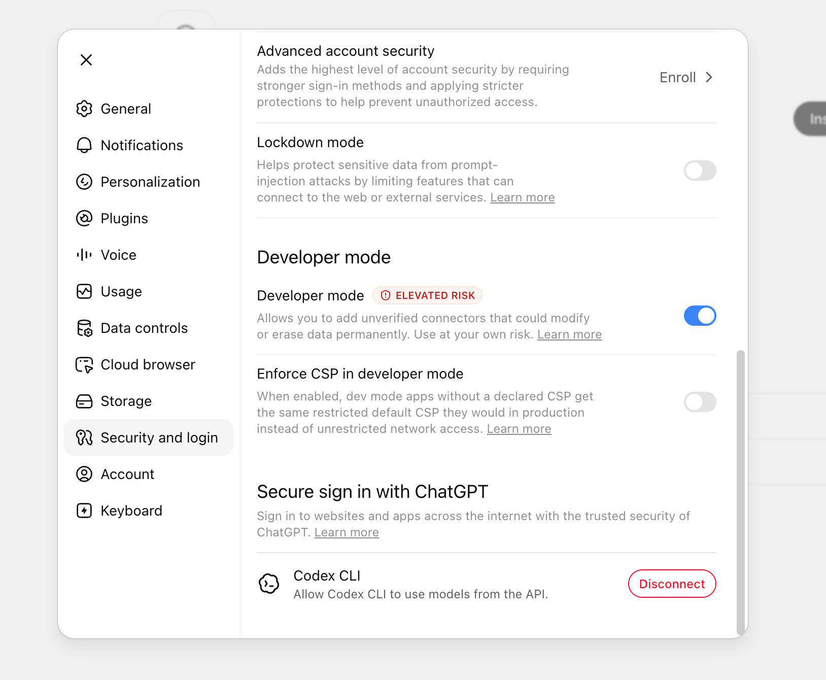 ChatGPT Settings → Security and login with the Developer mode toggle switched on