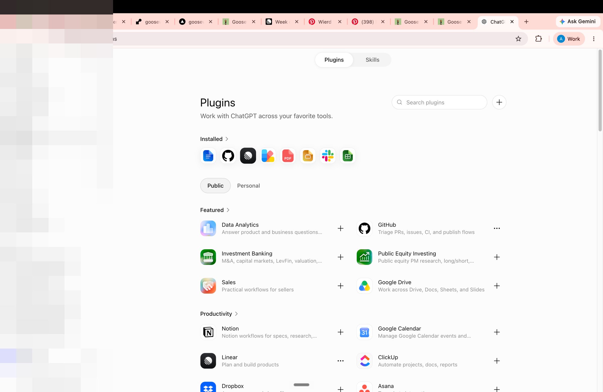 ChatGPT Plugins page with the add (+) button highlighted top right