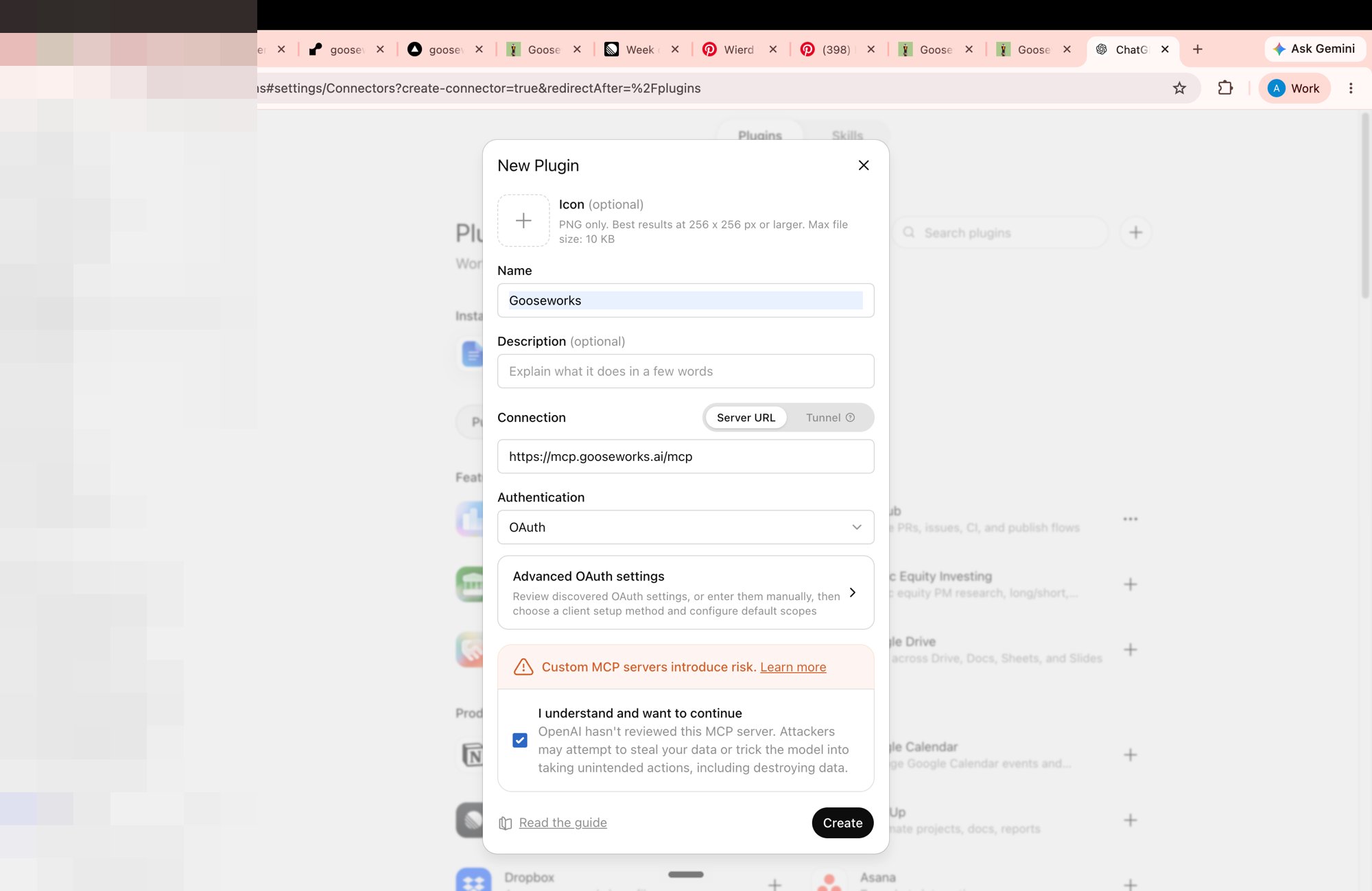 New Plugin dialog with Gooseworks name, the mcp.gooseworks.ai URL, OAuth authentication, and the risk acknowledgment checked