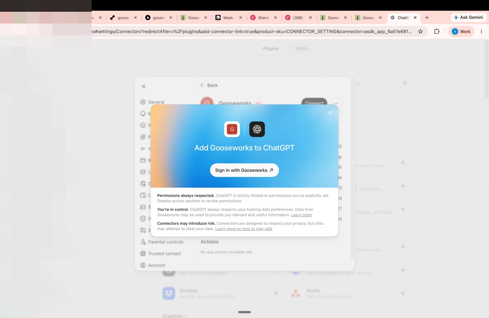 'Add Gooseworks to ChatGPT' dialog with a Sign in with Gooseworks button