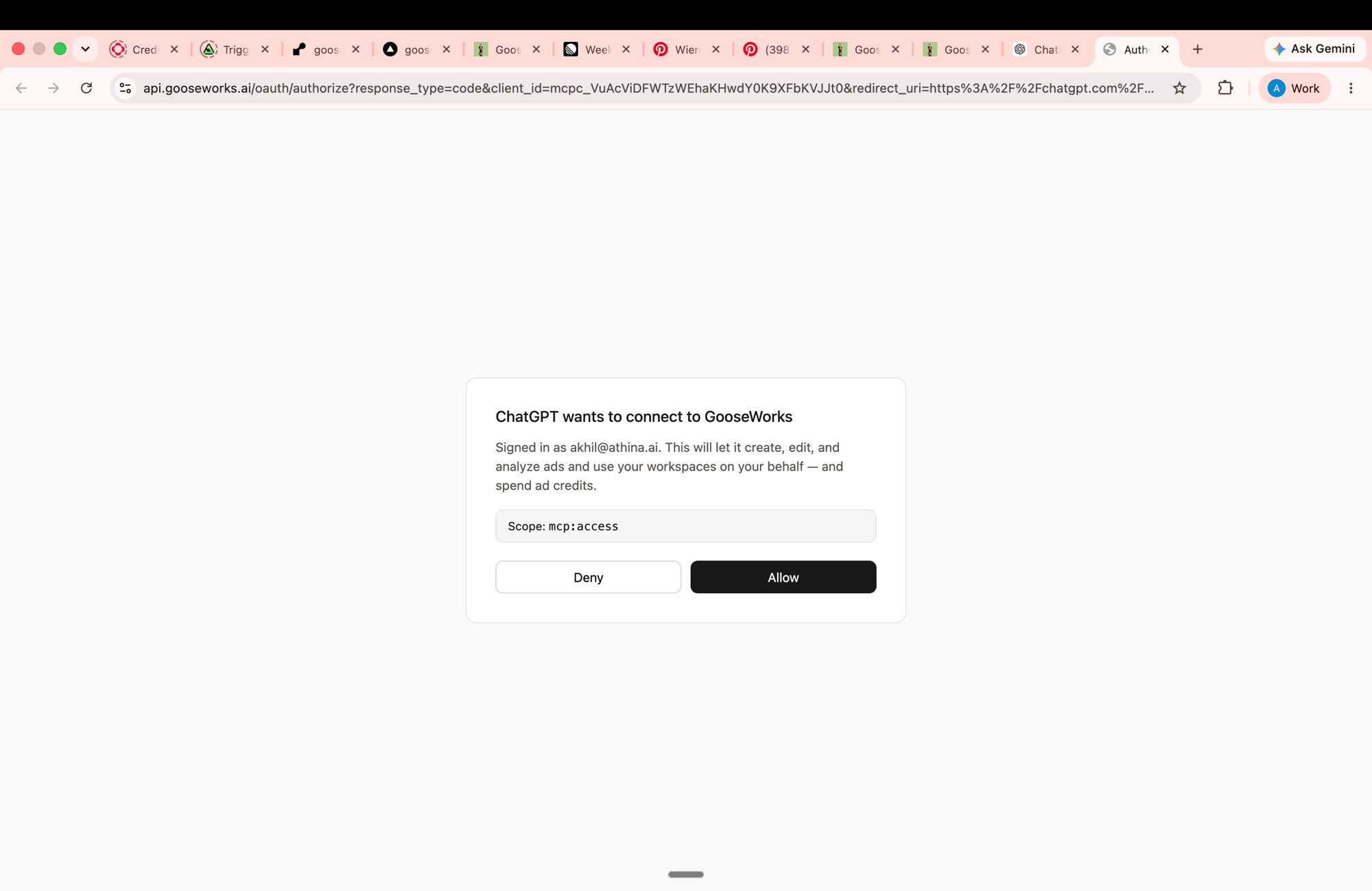 GooseWorks OAuth consent: 'ChatGPT wants to connect to GooseWorks' with scope mcp:access and Deny / Allow buttons