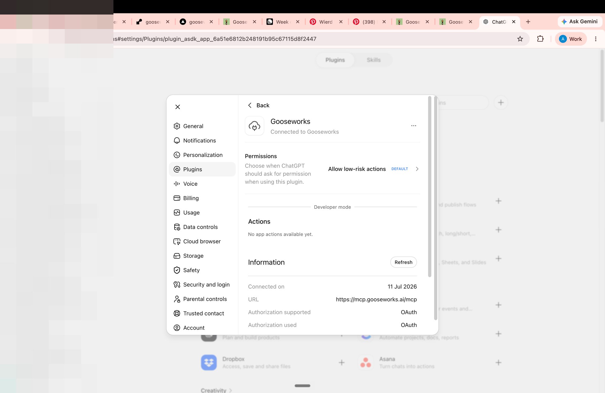 ChatGPT Plugins settings showing Gooseworks connected over OAuth, with its URL and connection date