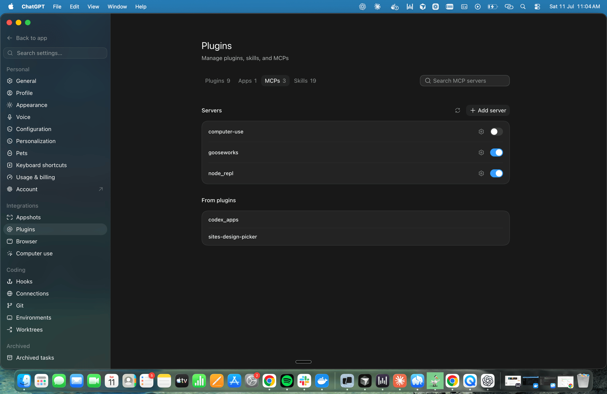 ChatGPT Plugins → MCPs tab showing the gooseworks server enabled in the Servers list