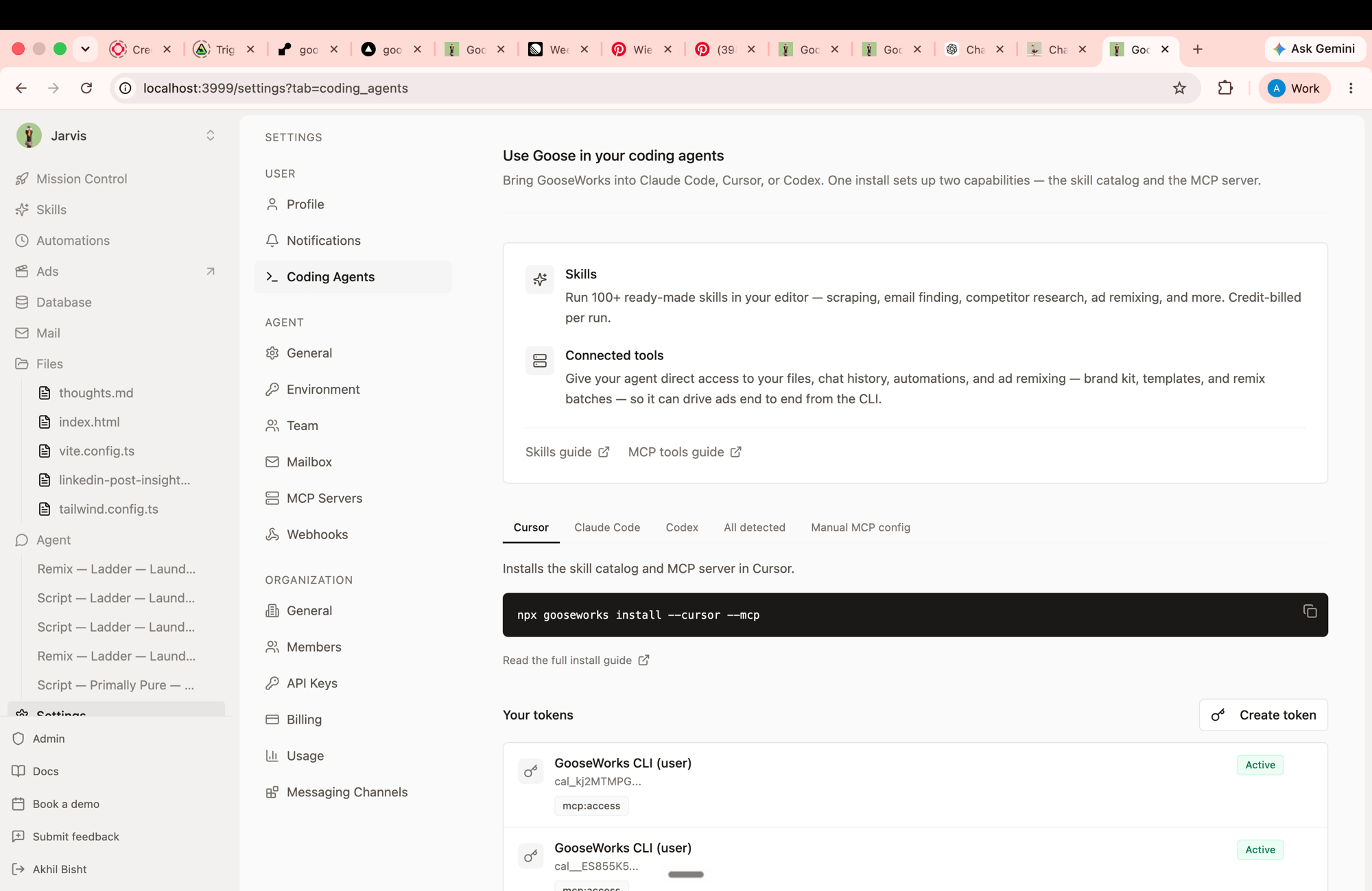 GooseWorks Settings → Coding Agents page with the Create token button under Your tokens
