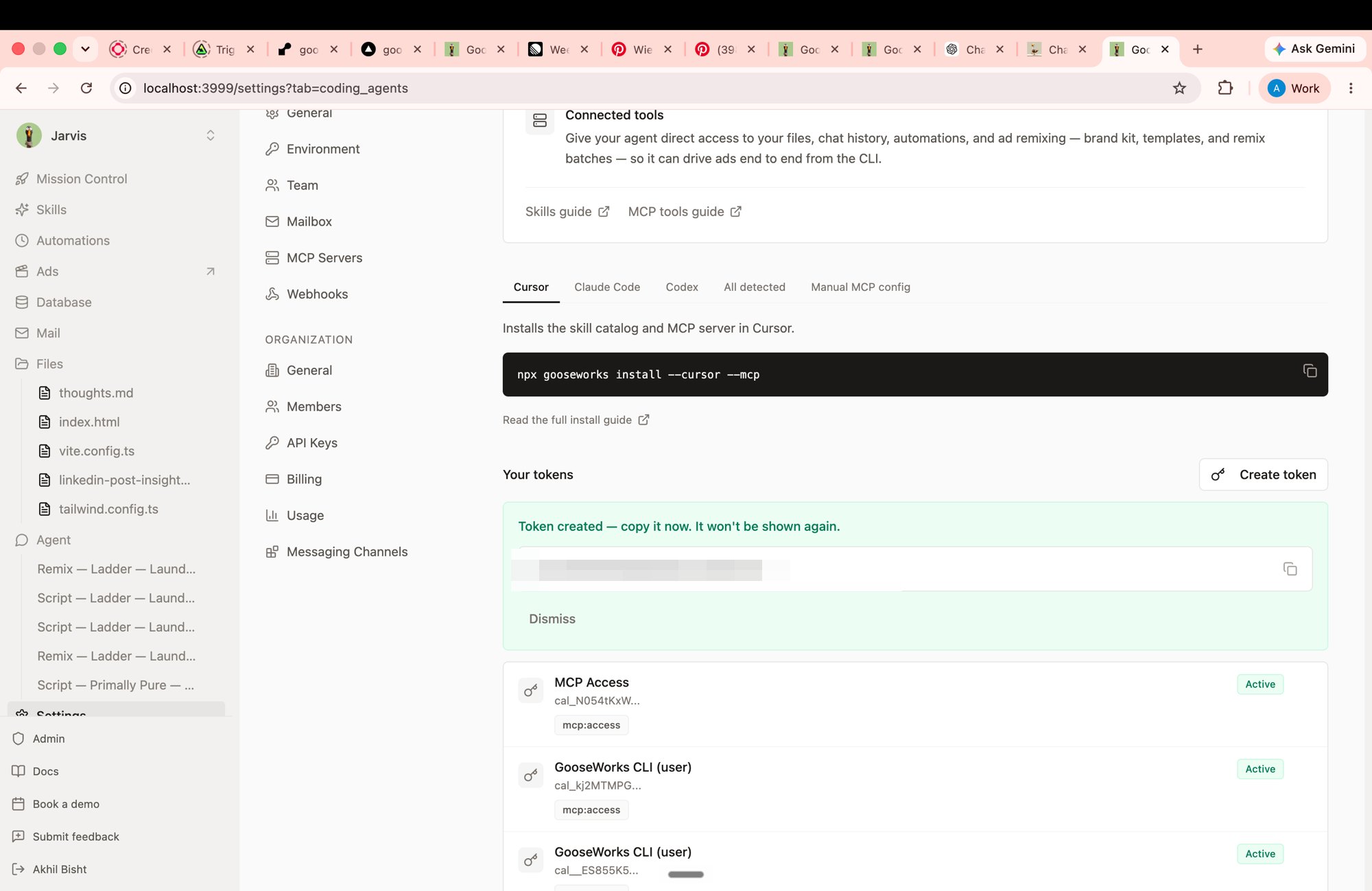 GooseWorks 'Token created' box showing a cal_ token to copy