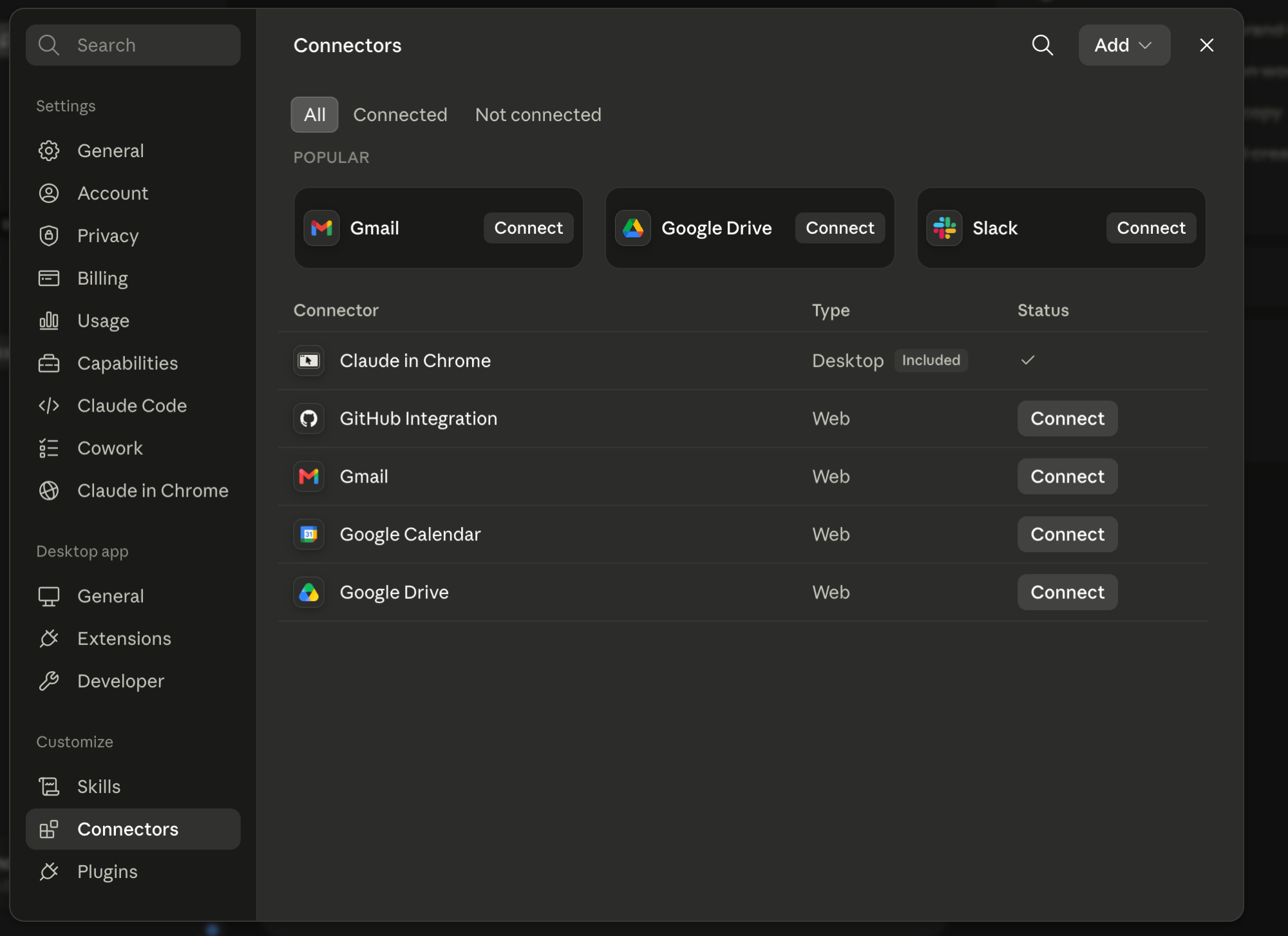 Claude Settings → Connectors page with the Add button top right