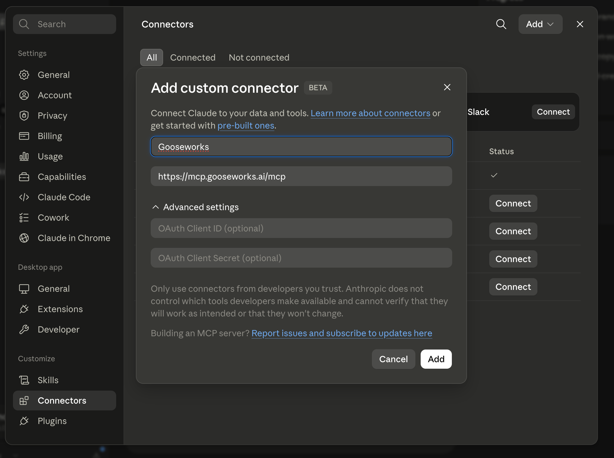 Add custom connector dialog with the Gooseworks name and MCP URL filled in