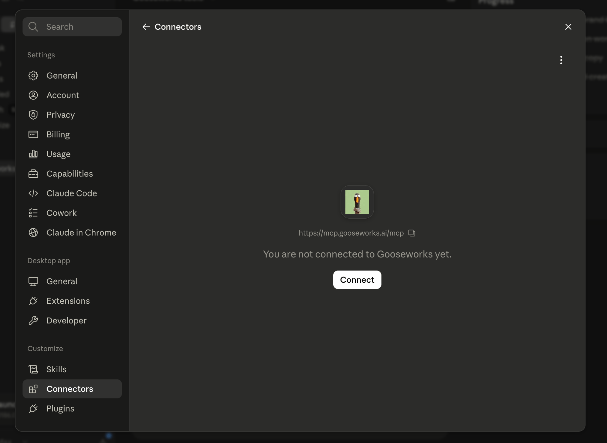 Gooseworks connector showing 'You are not connected yet' with a Connect button