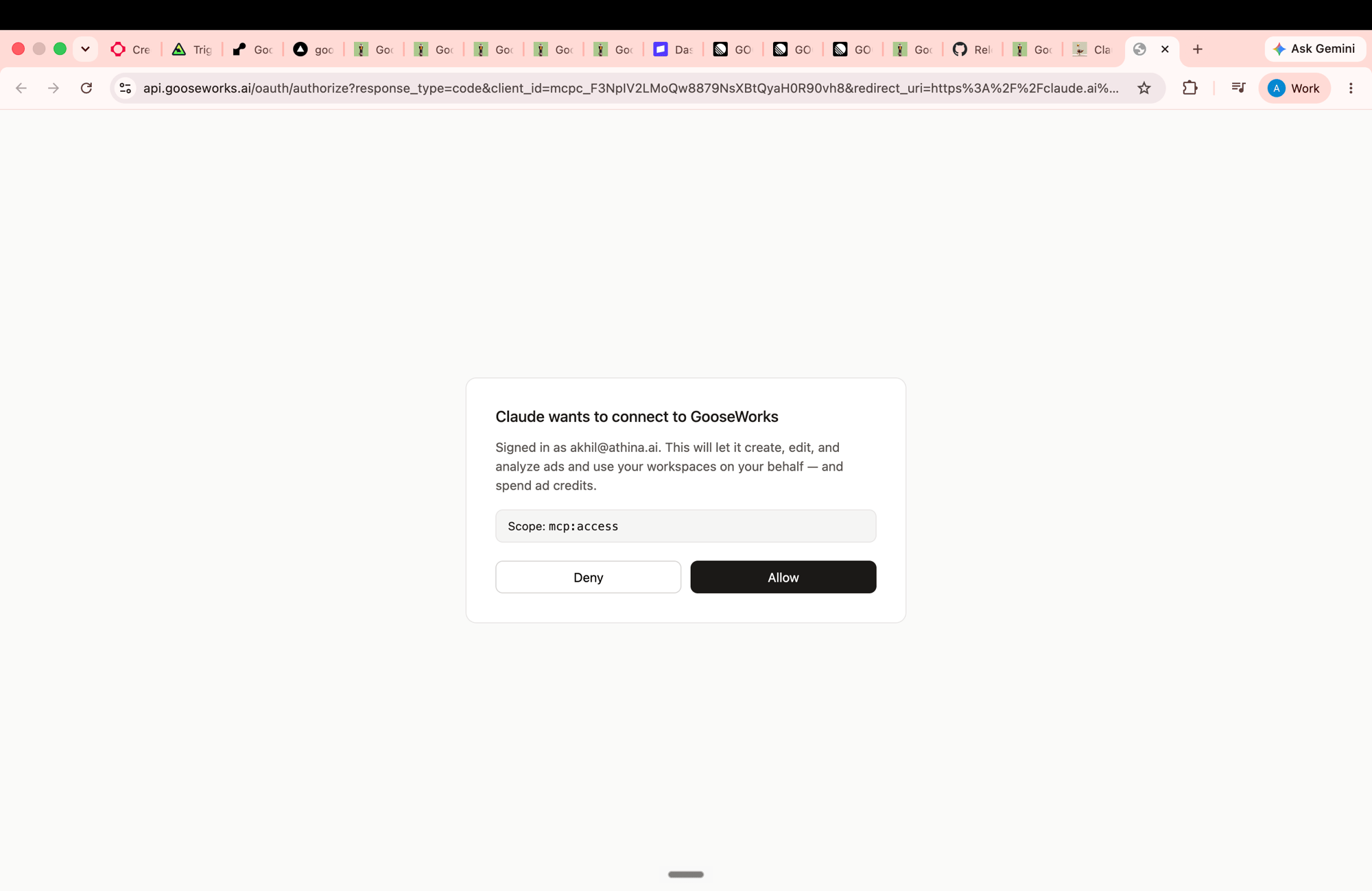 Consent screen: Claude wants to connect to GooseWorks, with Deny and Allow buttons
