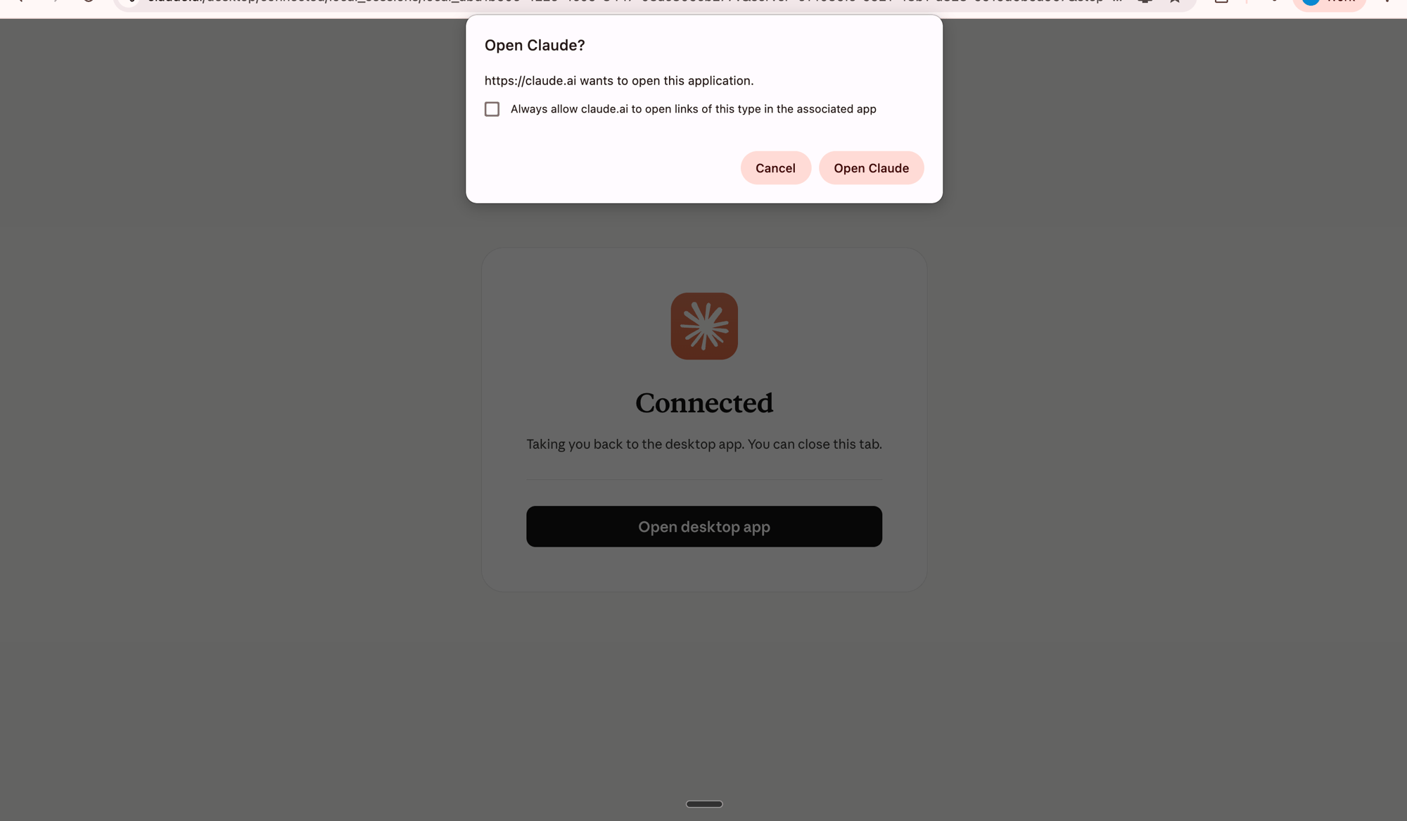 Connected confirmation page prompting to Open Claude