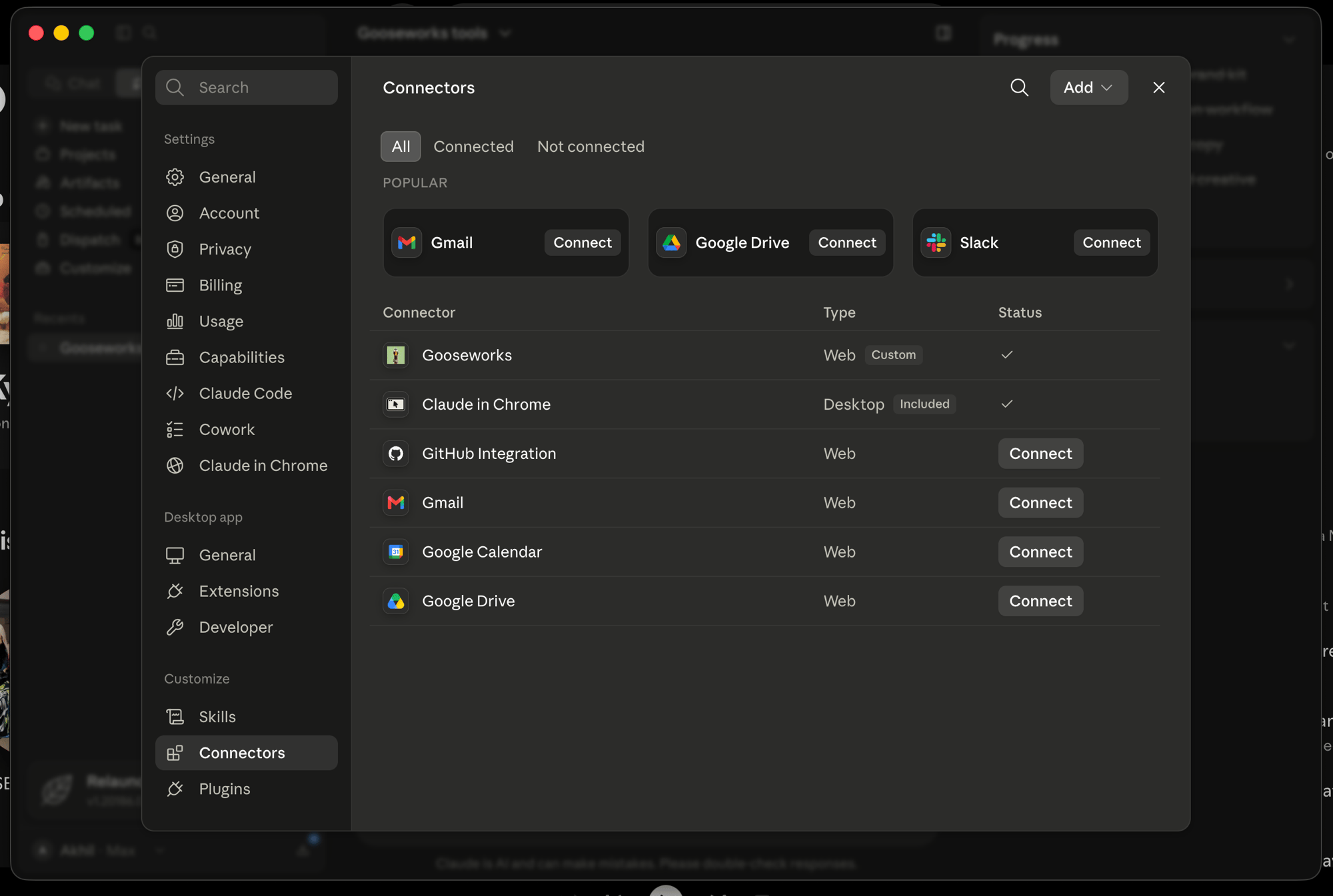 Connectors list showing Gooseworks connected