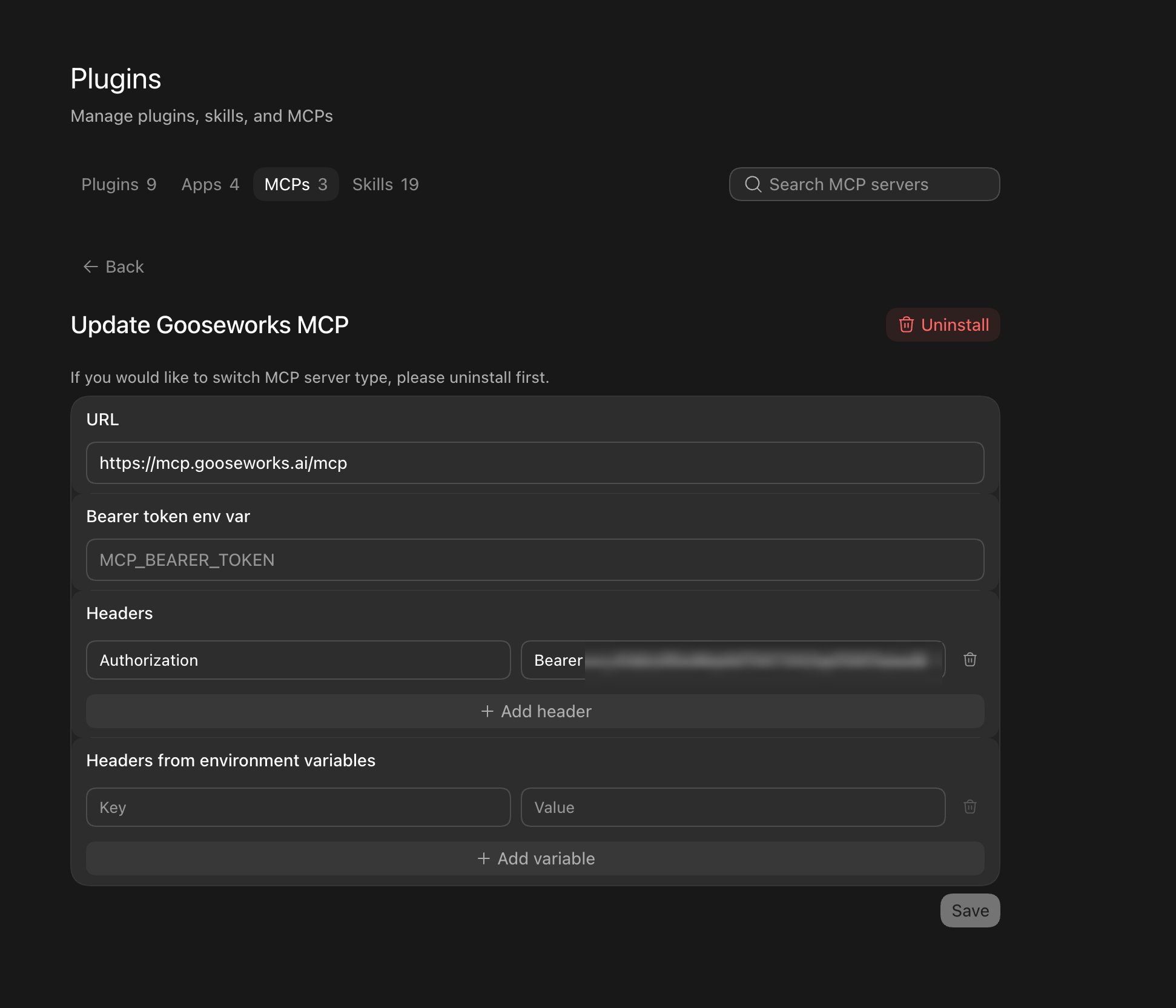 ChatGPT custom MCP form for GooseWorks: URL set to https://mcp.gooseworks.ai/mcp, Bearer token env var left empty, and an Authorization header with a Bearer cal_ token value