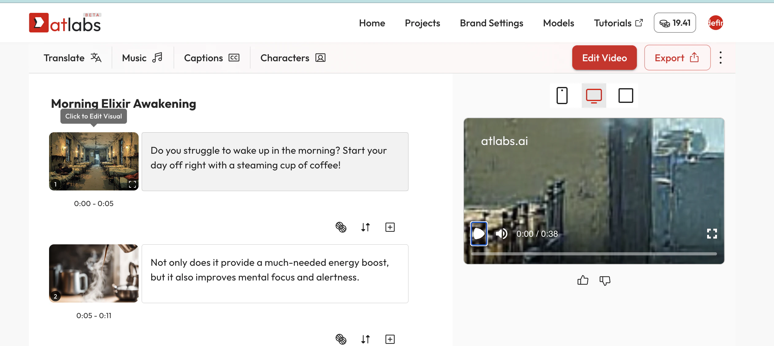 Image of the storyboard view showing frame previews with captions and time markers.