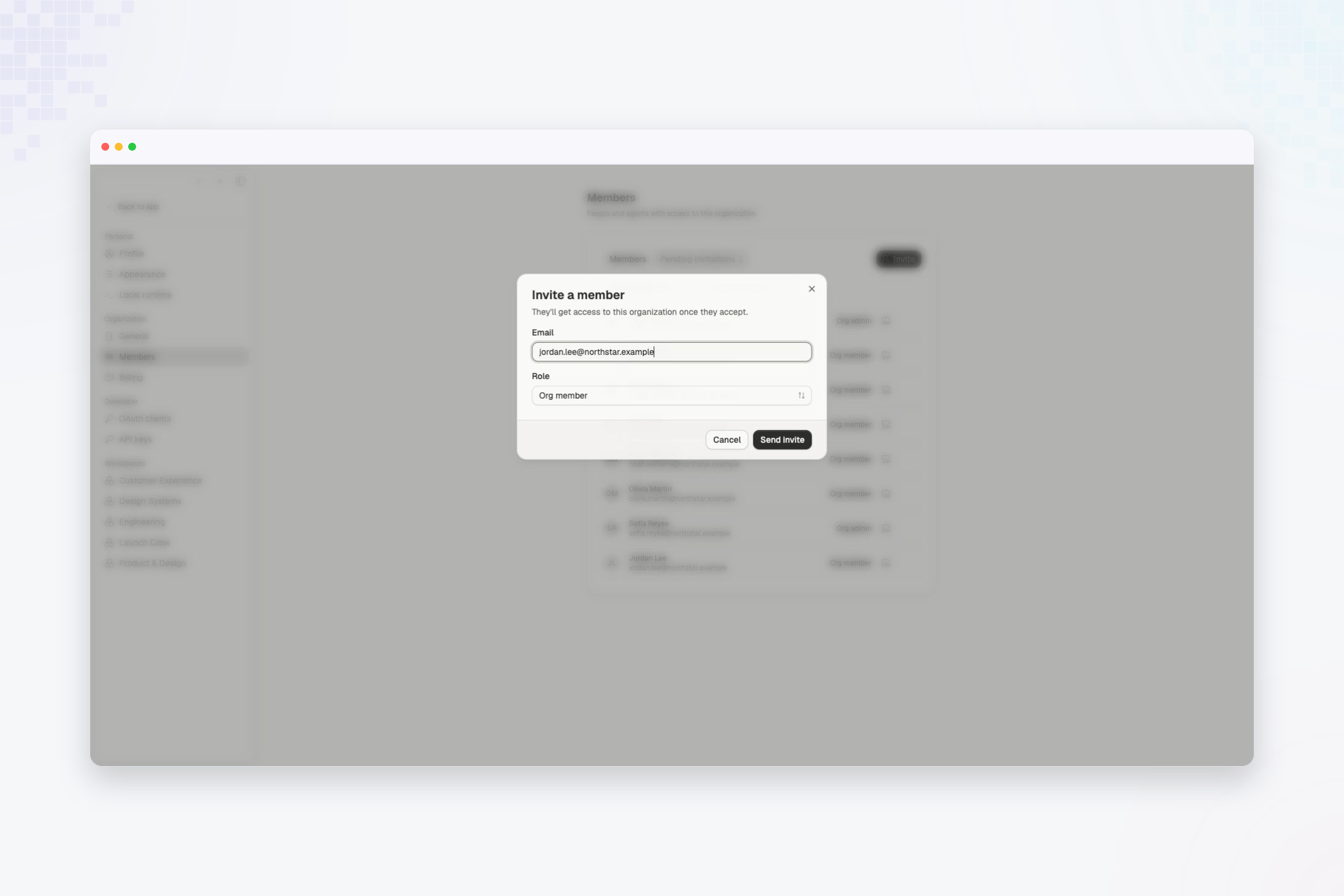 Invite dialog for Jordan Lee with the Org member role selected