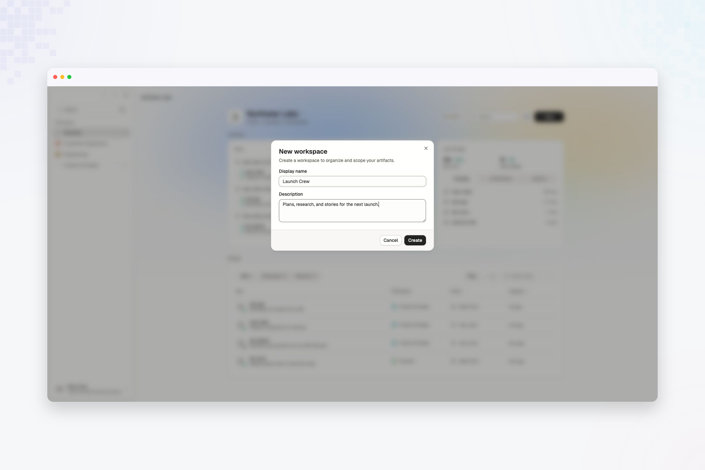 New workspace dialog filled out for the Launch Crew workspace