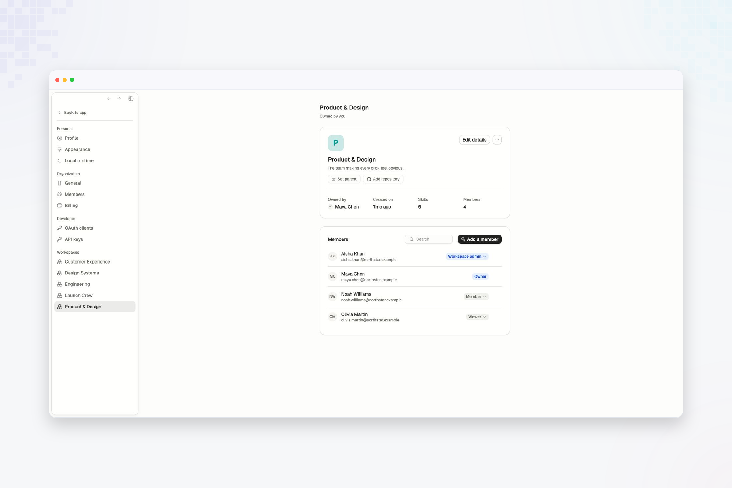 Product and Design workspace member list with Owner, Admin, Member, and Viewer roles