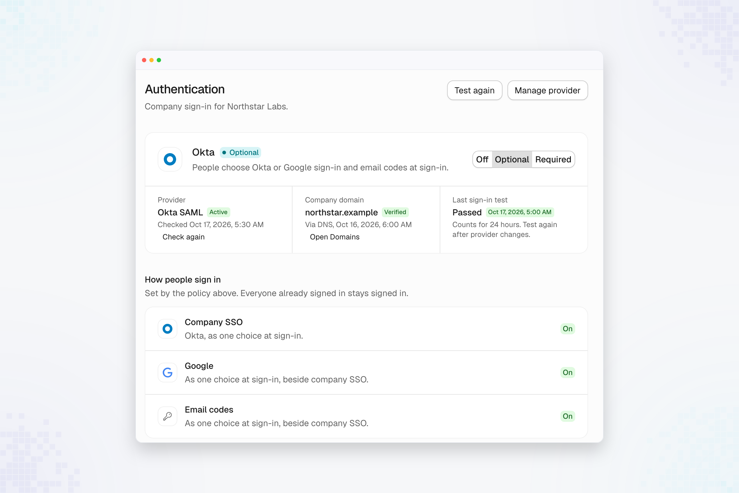 Authentication showing optional Okta SSO, an active provider, a verified company domain, and a passed sign-in test