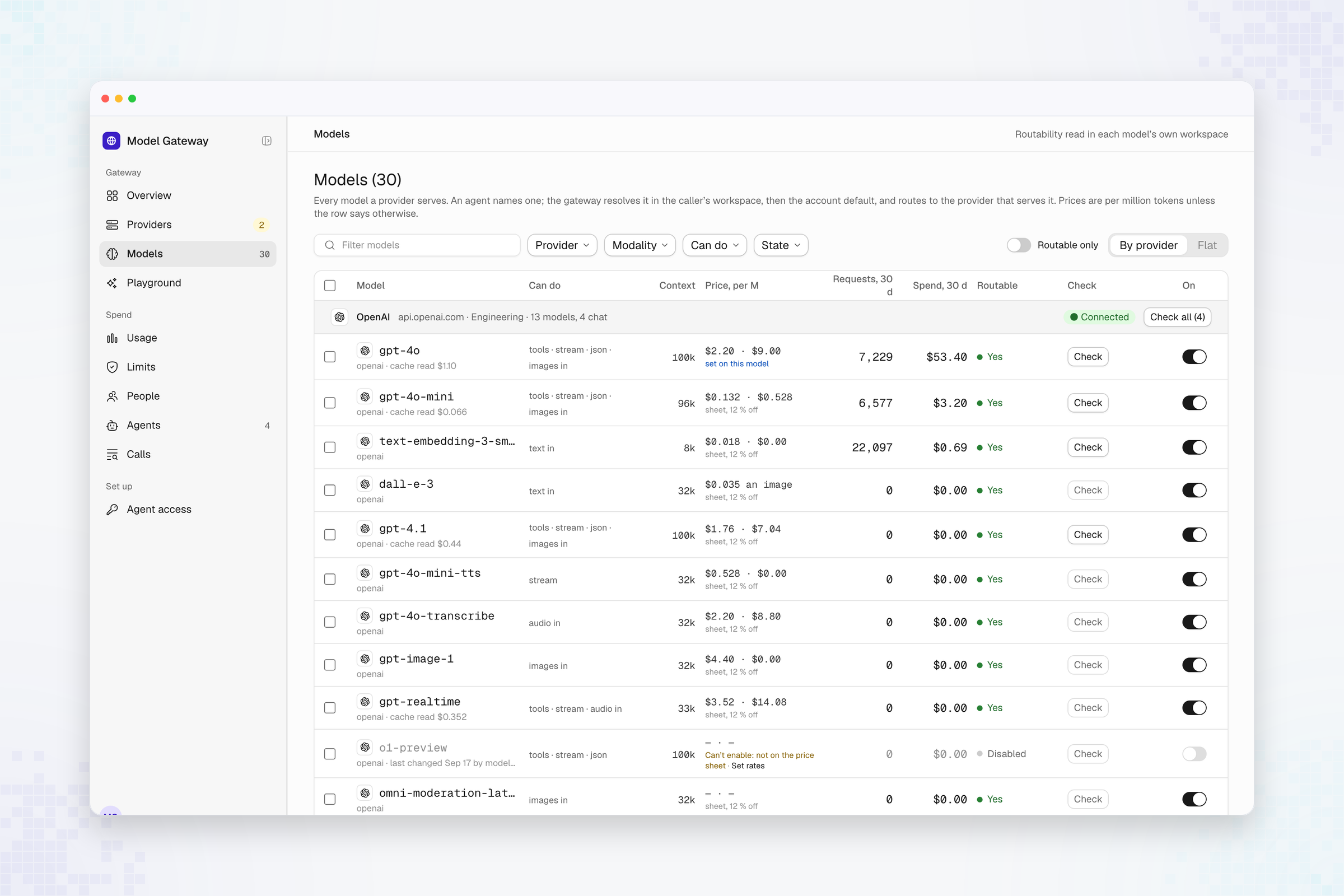 Model Gateway Models view with provider groups, capability and price columns, routability checks, and model switches