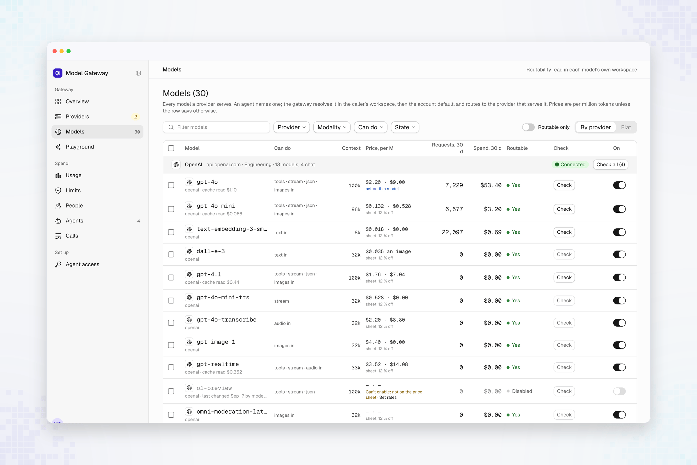 Model Gateway Models view with provider groups, capability and price columns, routability checks, and model switches