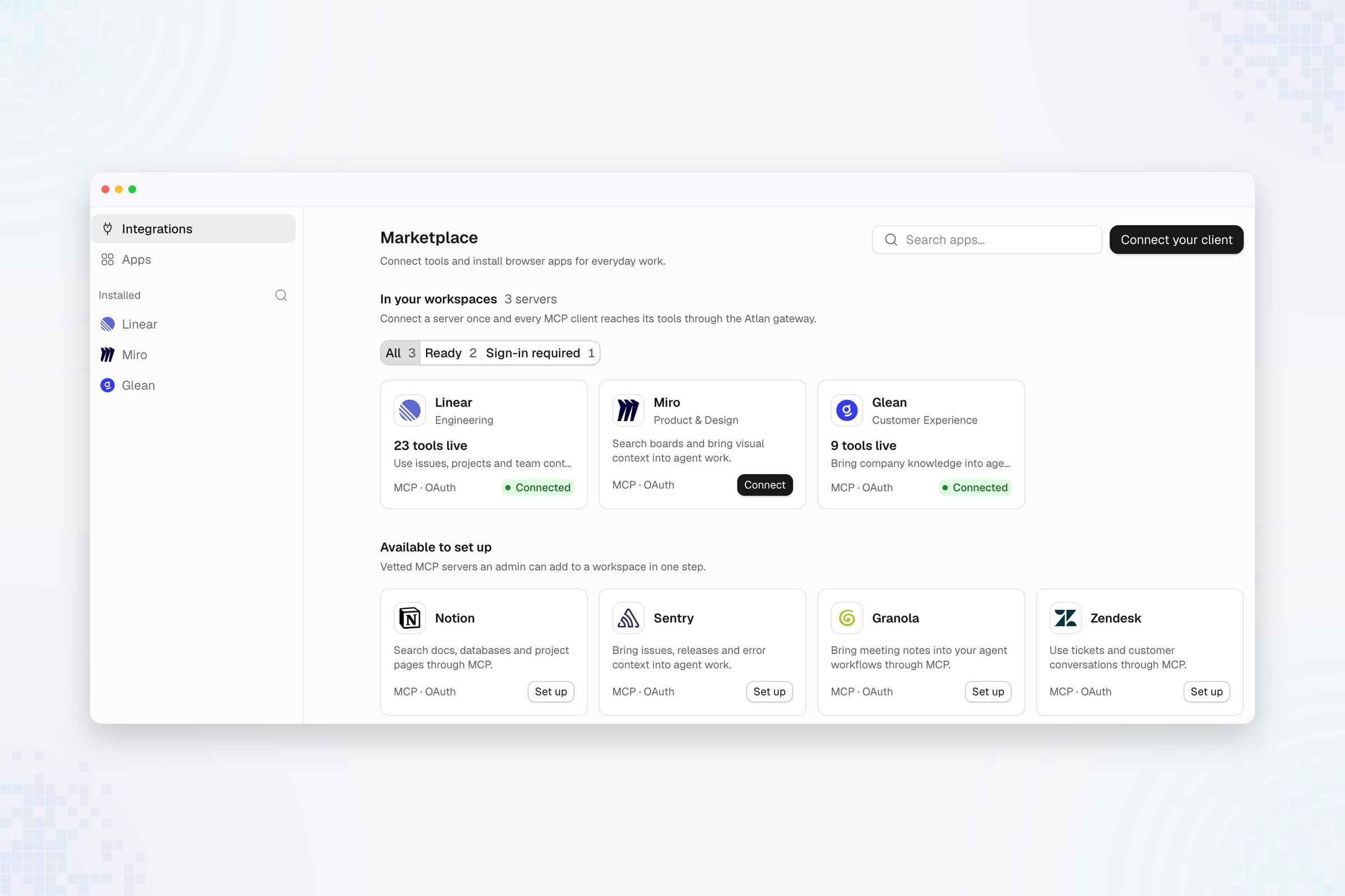 Marketplace page listing Linear, Miro, and Glean under In your workspaces, with Notion, Sentry, Granola, and Zendesk under Available to set up