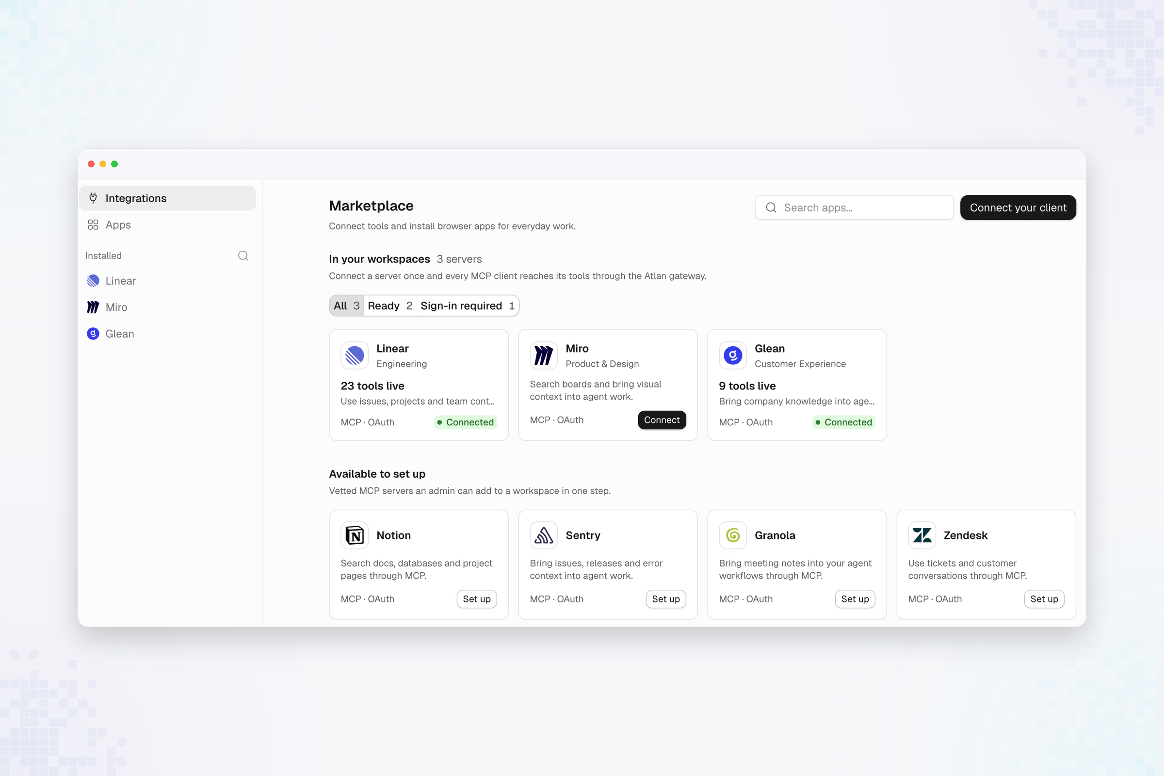Marketplace page listing Linear, Miro, and Glean under In your workspaces, with Notion, Sentry, Granola, and Zendesk under Available to set up