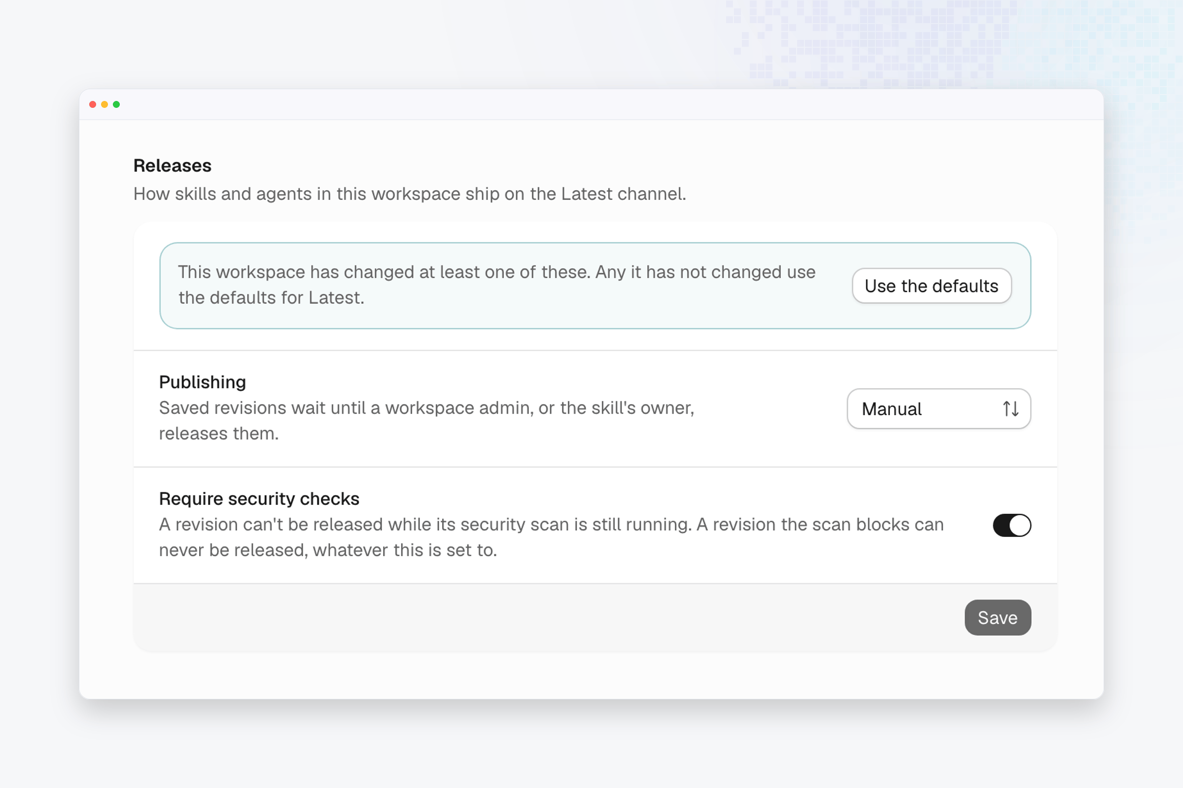 The Releases section of a workspace's settings, with Publishing set to Manual and Require security checks on.