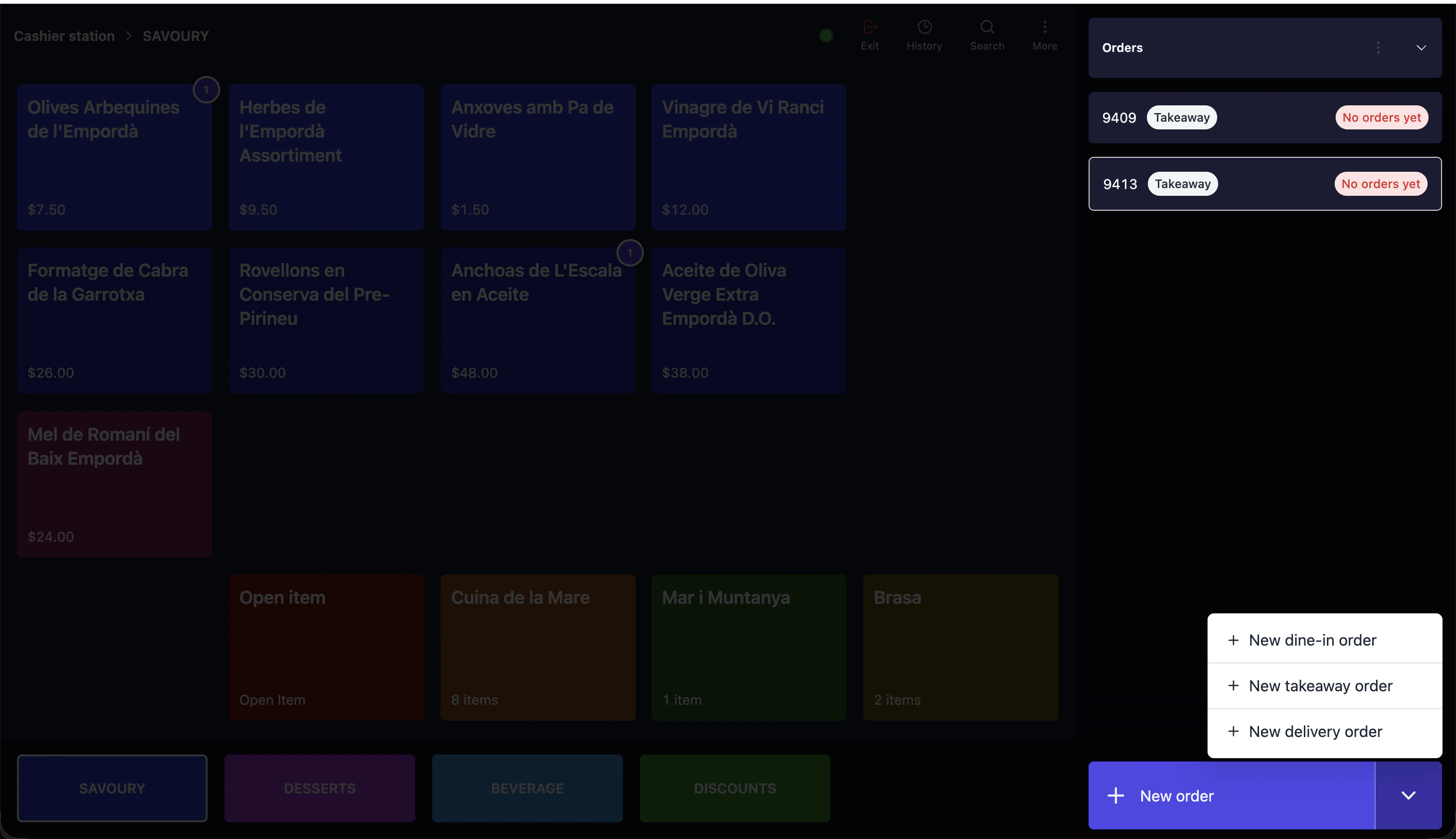 Open orders panel showing existing orders with status, and New order button with dropdown for dine-in, takeaway, or delivery order types