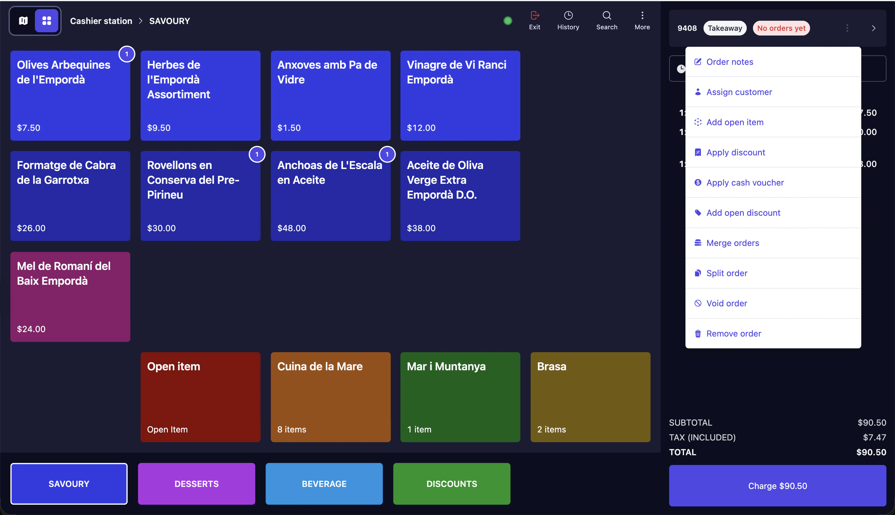 Order actions dropdown showing Order notes, Assign customer, Add open item, Apply discount, Apply cash voucher, Merge orders, Split order, Void order, and Remove order