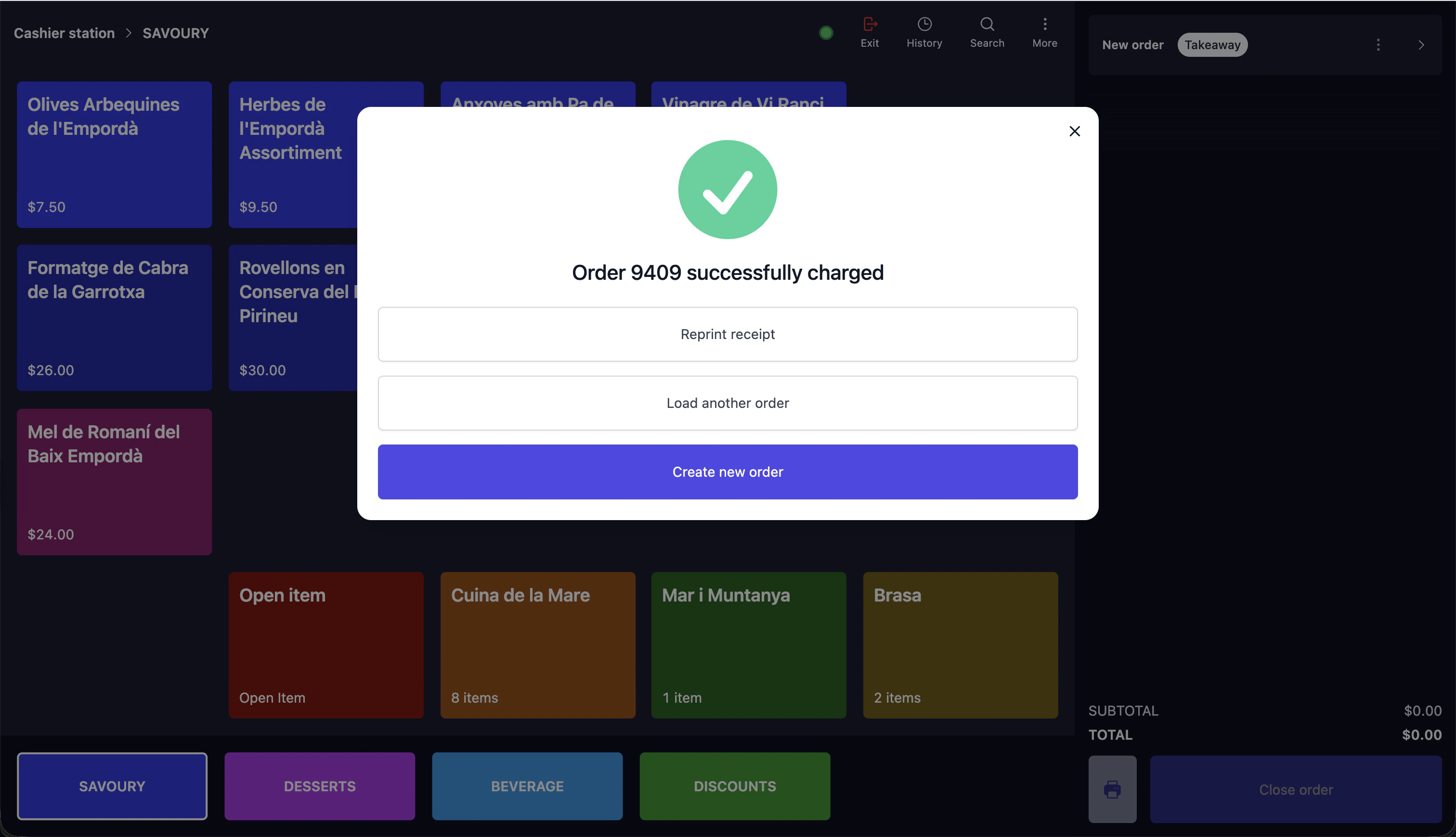 Order successfully charged confirmation screen showing Reprint receipt, Load another order, and Create new order buttons