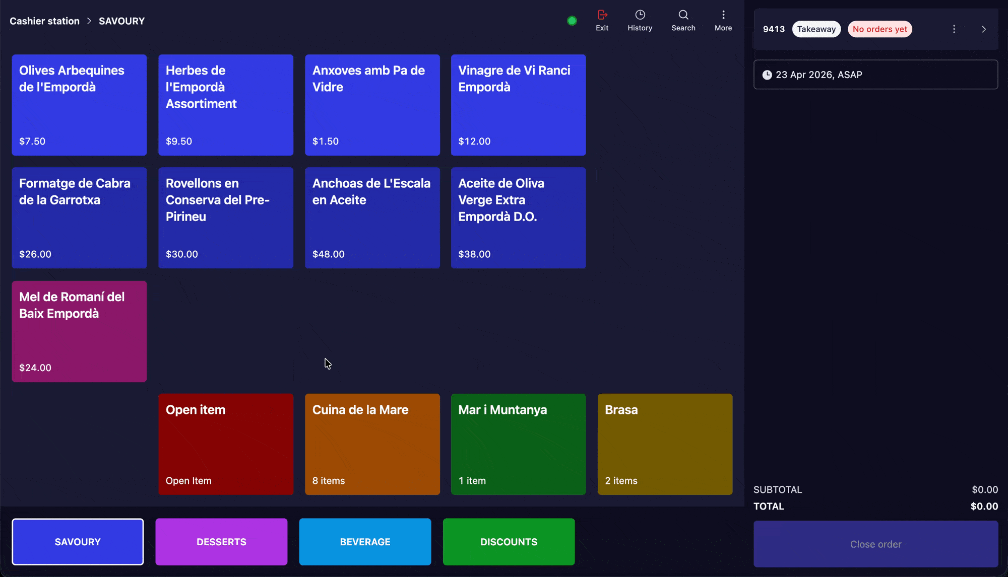 POS ordering flow showing tapping a menu item, selecting modifiers and add-ons, adding special instructions, and confirming the item to the cart
