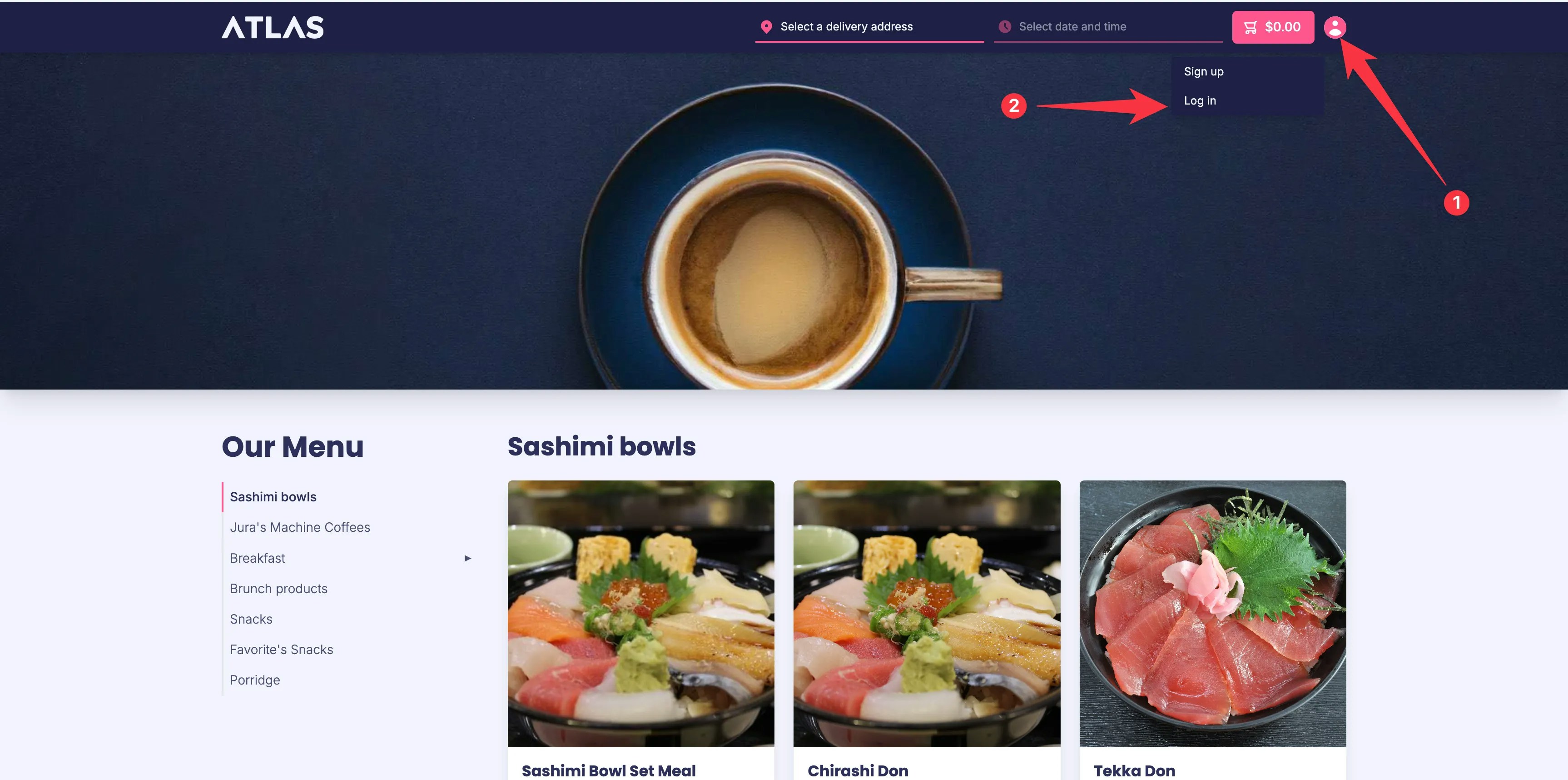 Atlas Online website header showing user icon in top-right corner with Log In option