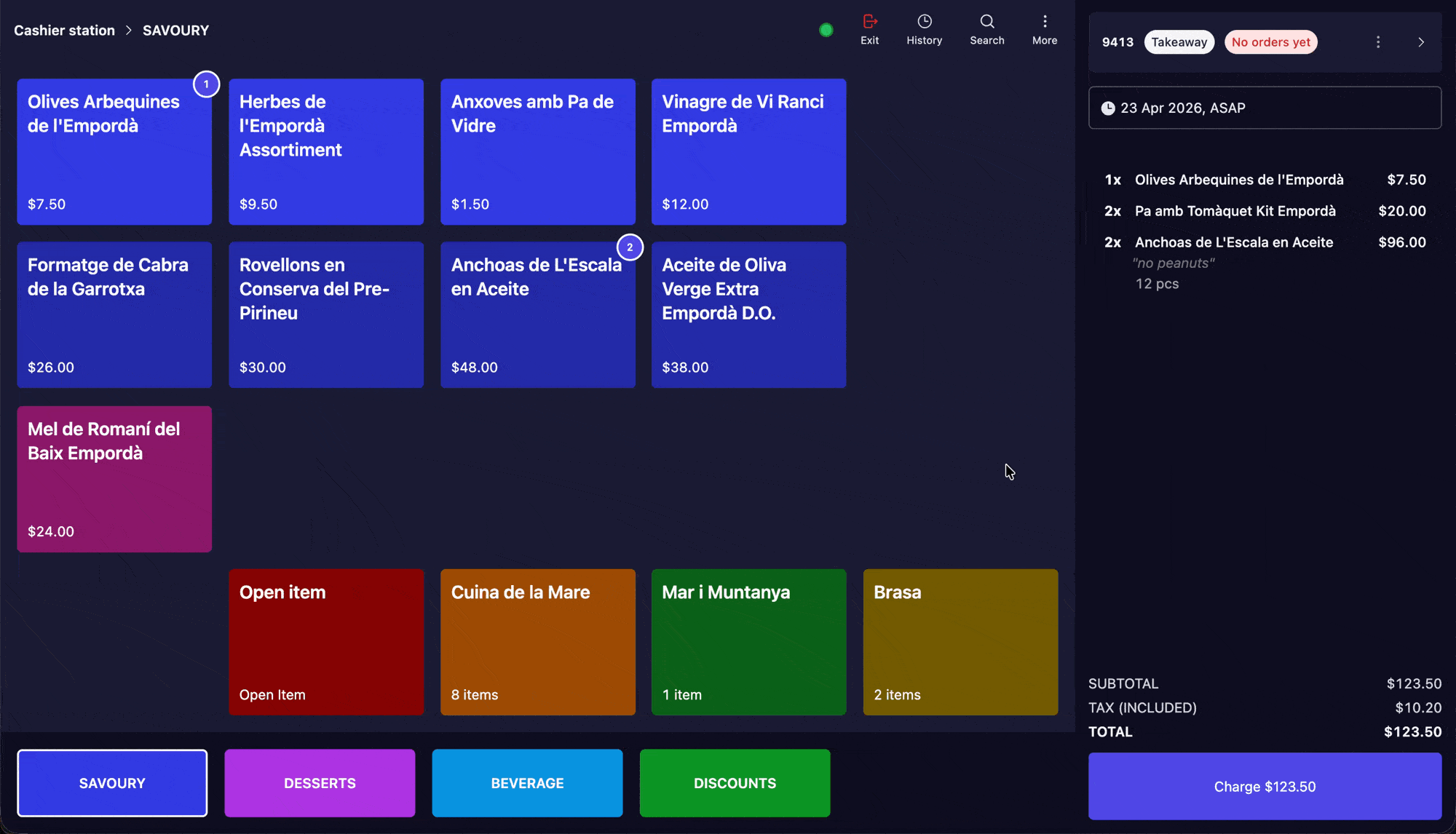 Tapping a cart item to open the action modal, then editing modifiers, quantities, or removing the item