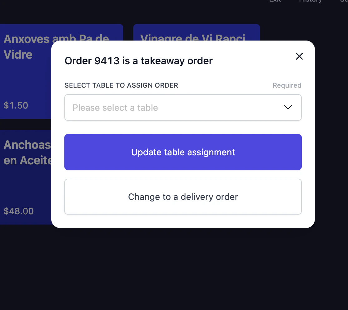 Fulfilment type modal showing table assignment dropdown, Update table assignment button, and options to change to dine-in or delivery order