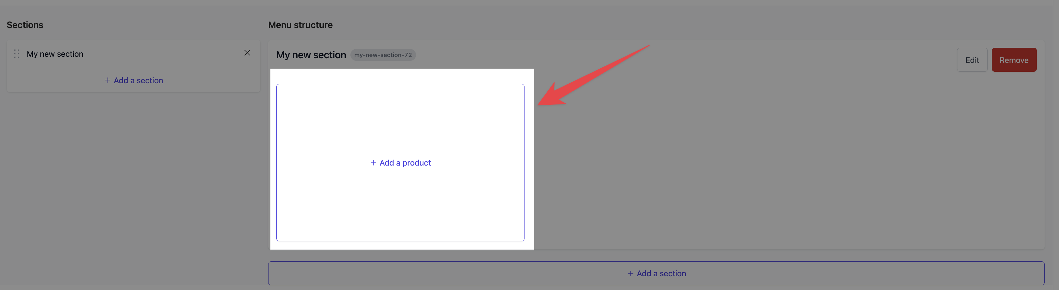 Menu section showing Add a product button to add items to the section