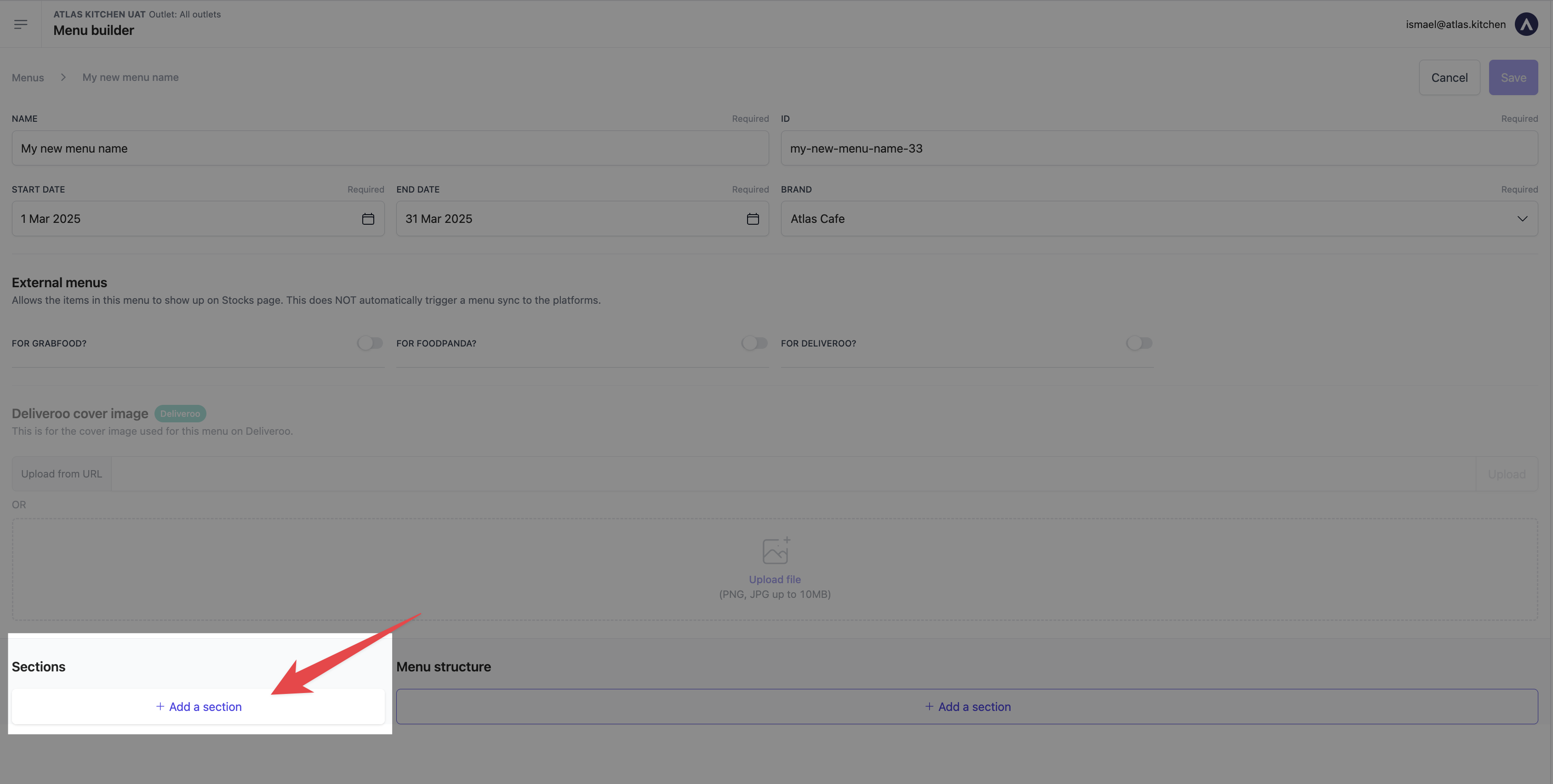 Menu editor showing Add a section button in left sidebar to create menu sections