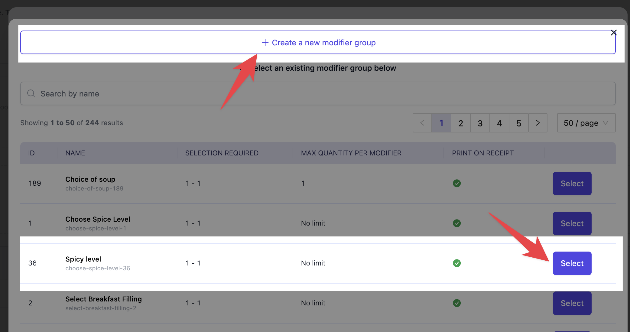 Modifier group selection modal with Create new modifier group option and searchable list of existing modifier groups