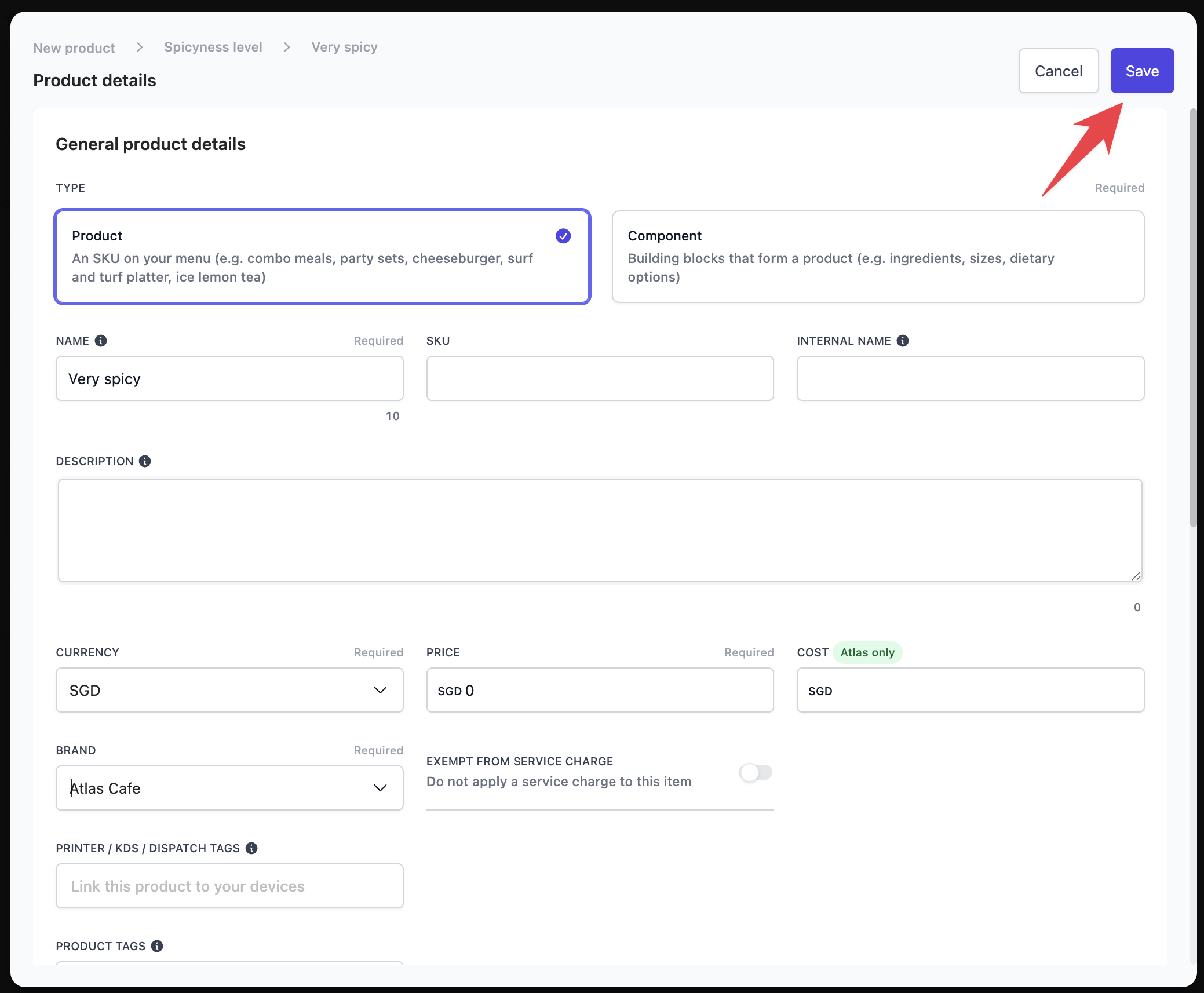 Modifier product details form showing Name, Price, and basic product configuration fields