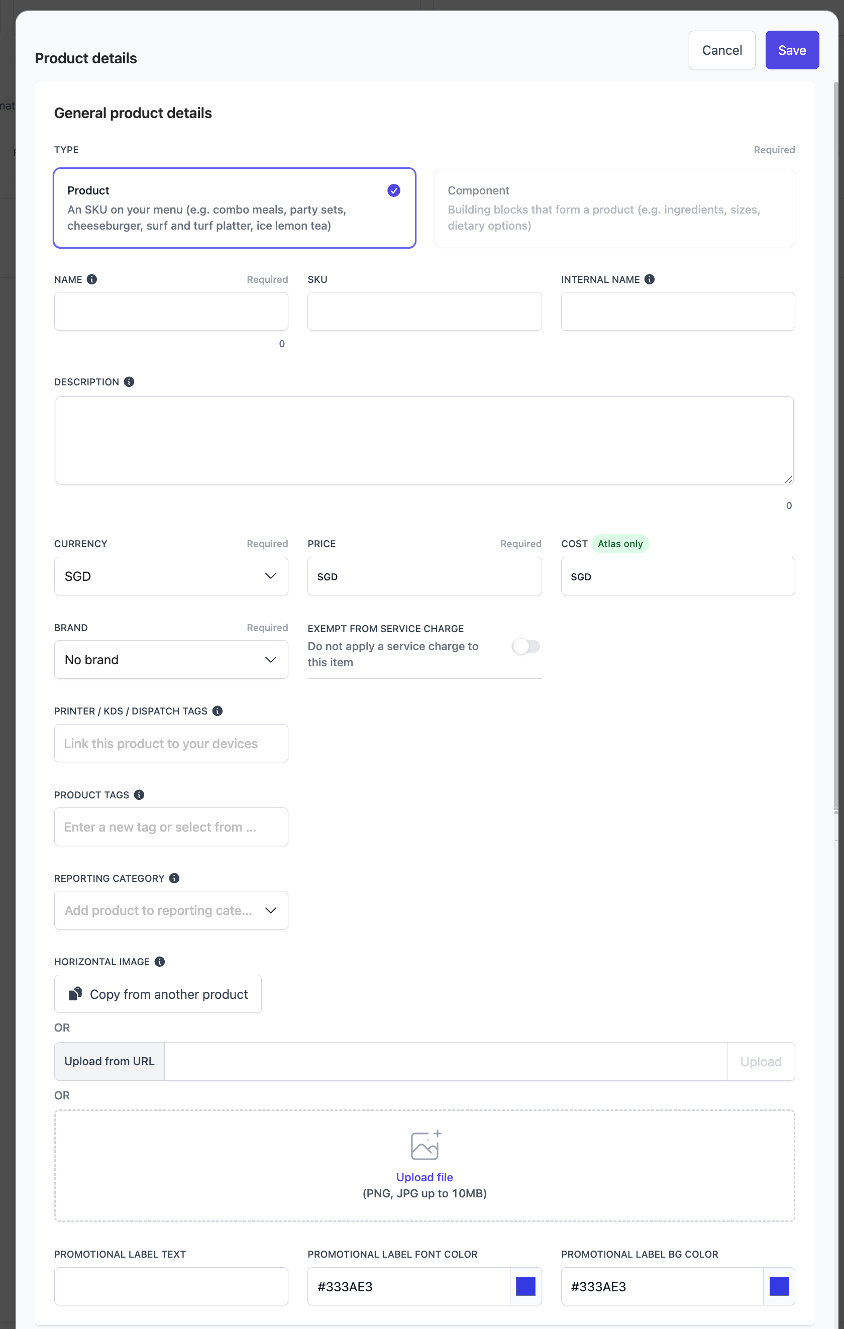 Product details form showing Name, SKU, Description, Price, Brand, Internal name, and configuration options like Exempt from service charge