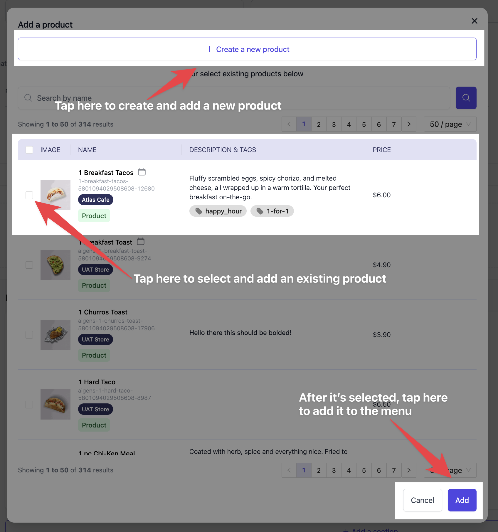 Product selection modal with Create new product option and searchable list of existing products with Add button