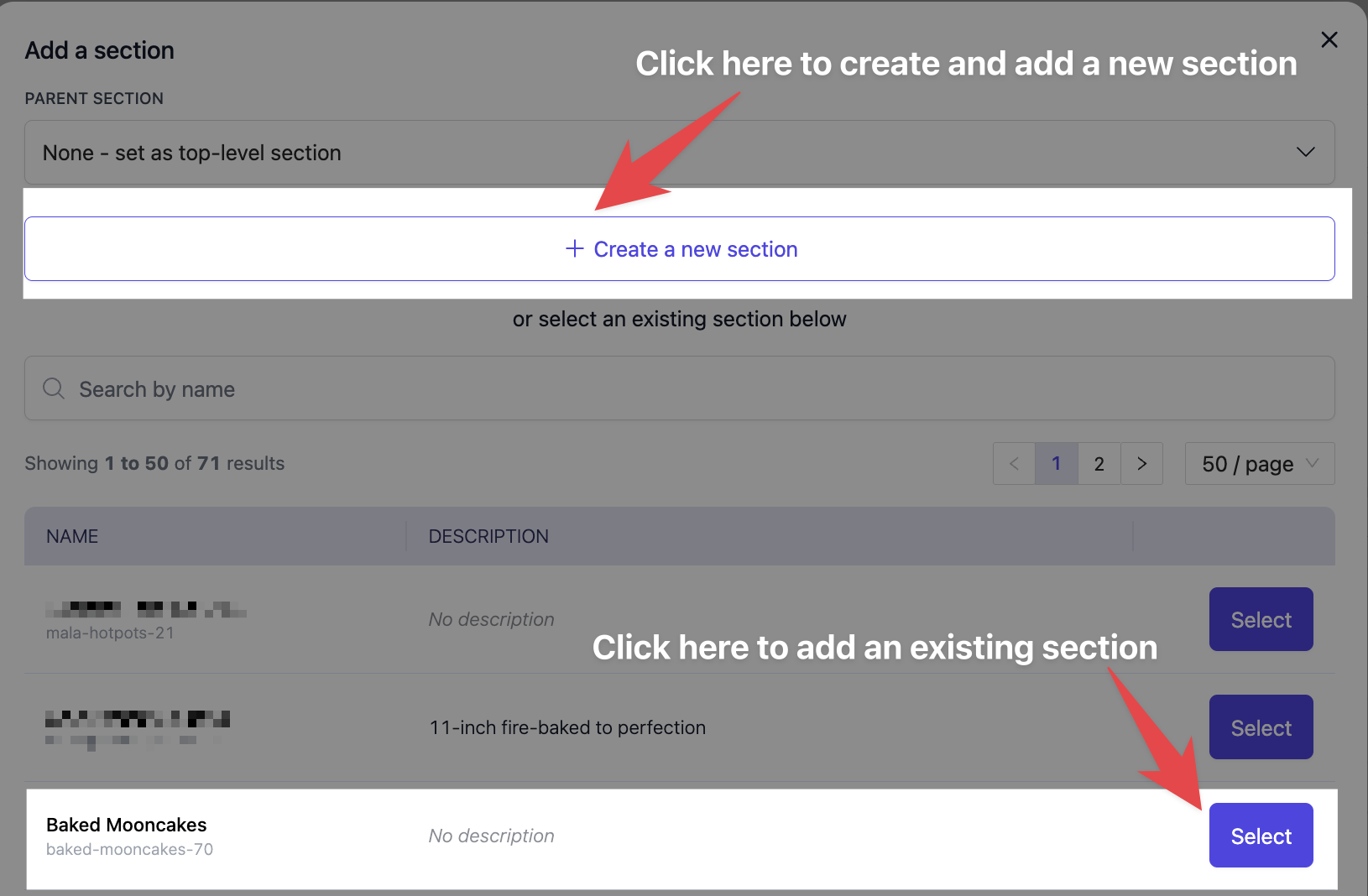 Section selection modal with options to Create new section or select existing sections to add to menu