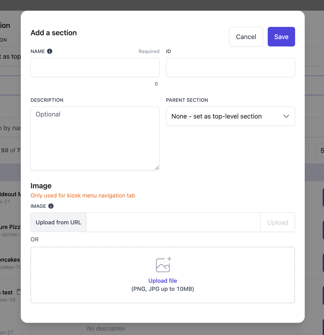 Section details form showing ID, Name, Description, and Image upload fields with Save button
