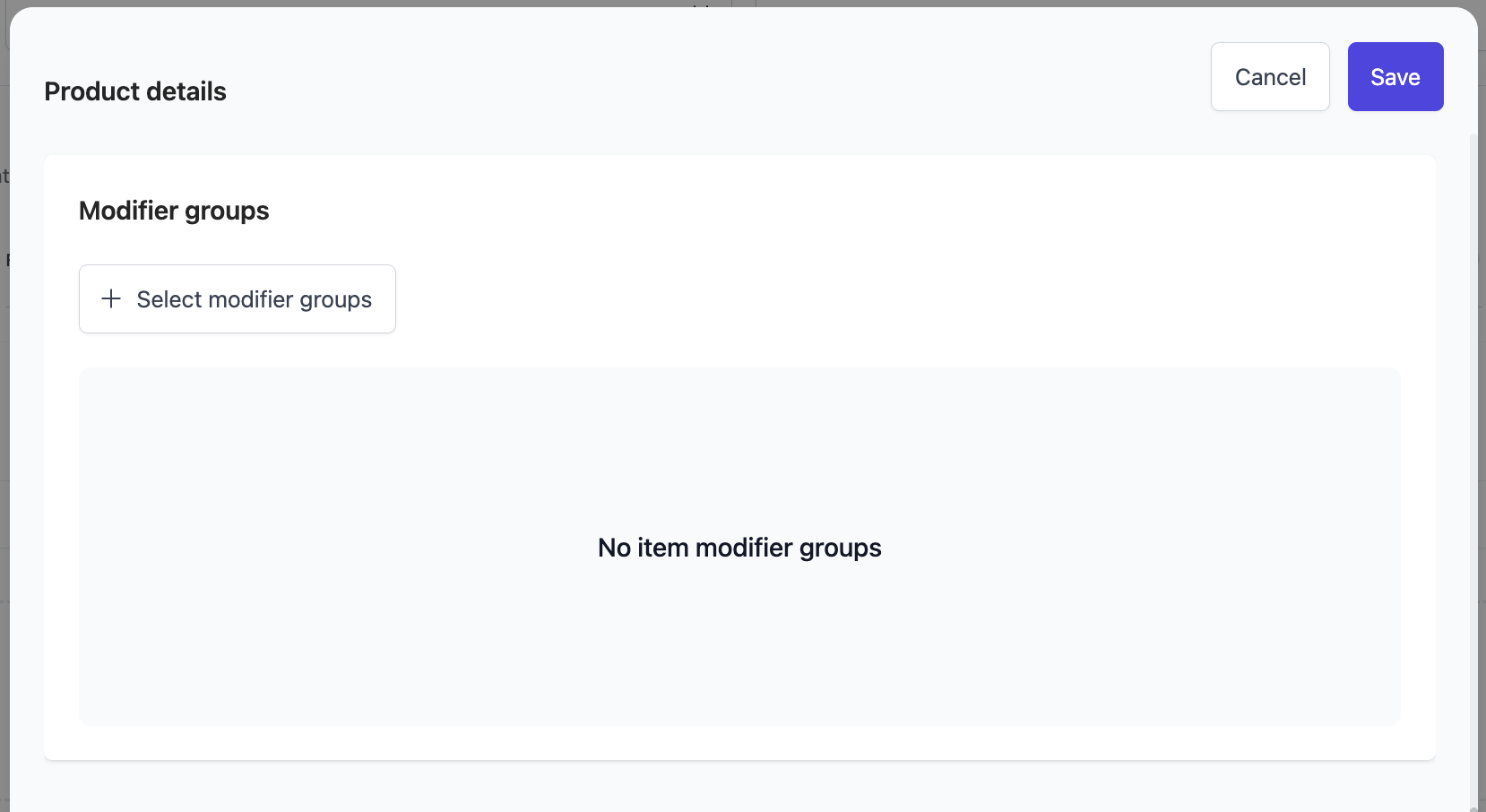 Product details showing Modifier groups section with Select modifier groups button to add customization options