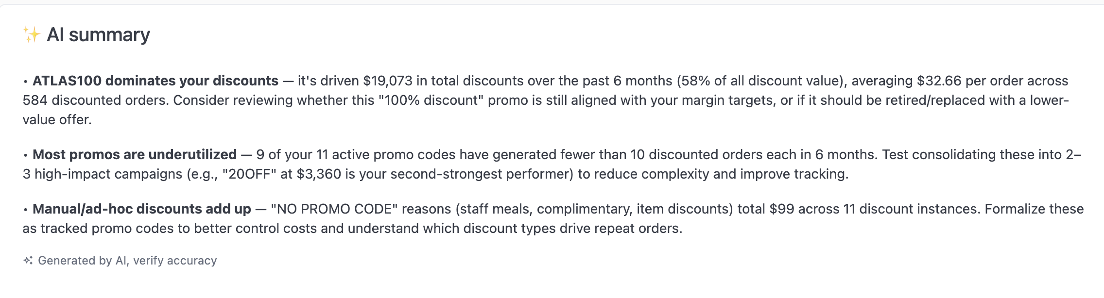 AI-generated summary highlighting top discount codes and usage patterns