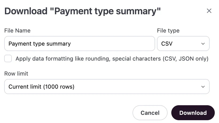 Download menu showing format options including PNG, PDF, XLSX, and CSV