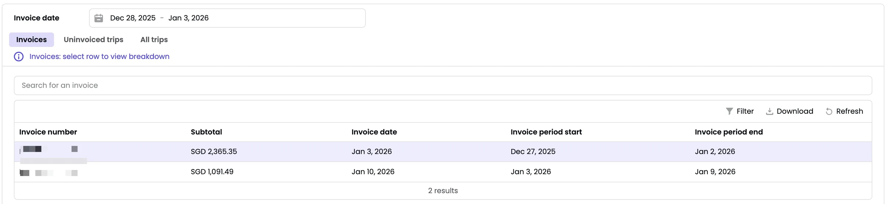 Invoices list showing invoice numbers, subtotals, dates, and invoice periods