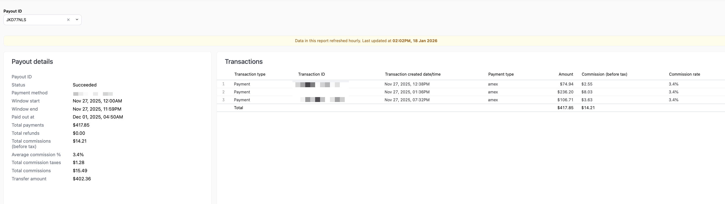 Payout details panel showing payout ID, status, payment method, window dates, totals, and commissions, with transactions table showing individual payments