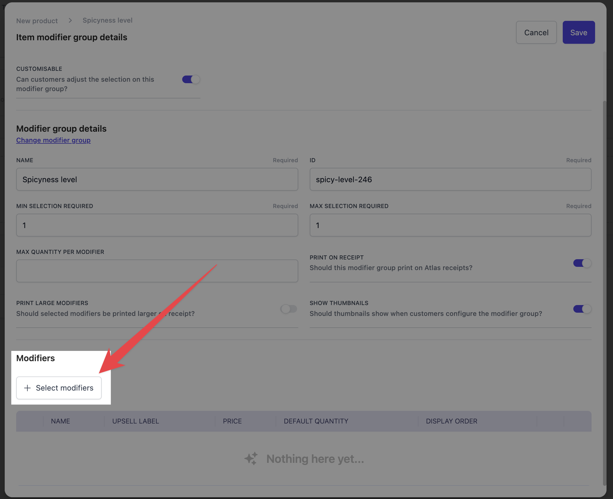 Modifier group details showing Modifiers section with Select modifiers button to add individual options