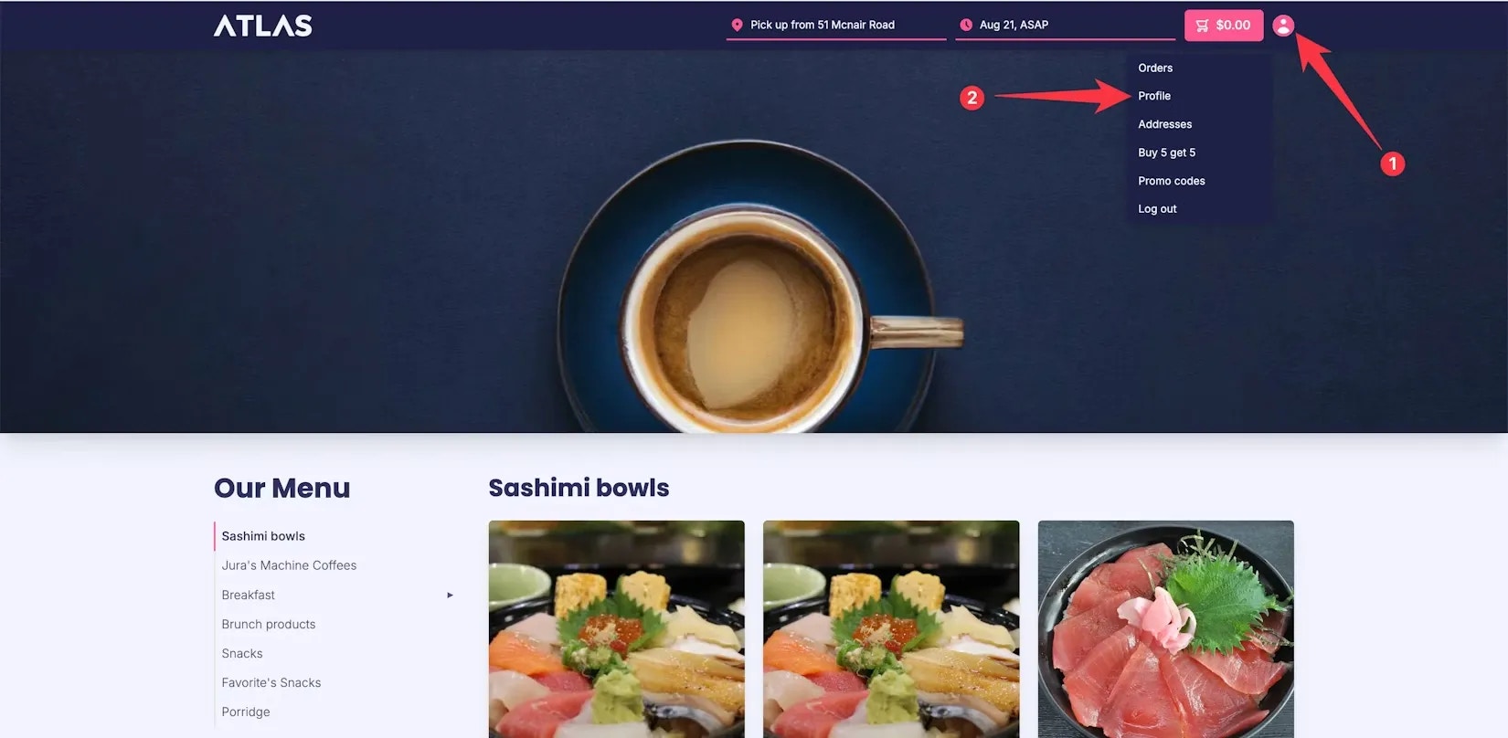 Atlas Online user menu dropdown showing Profile option to access account settings and update information