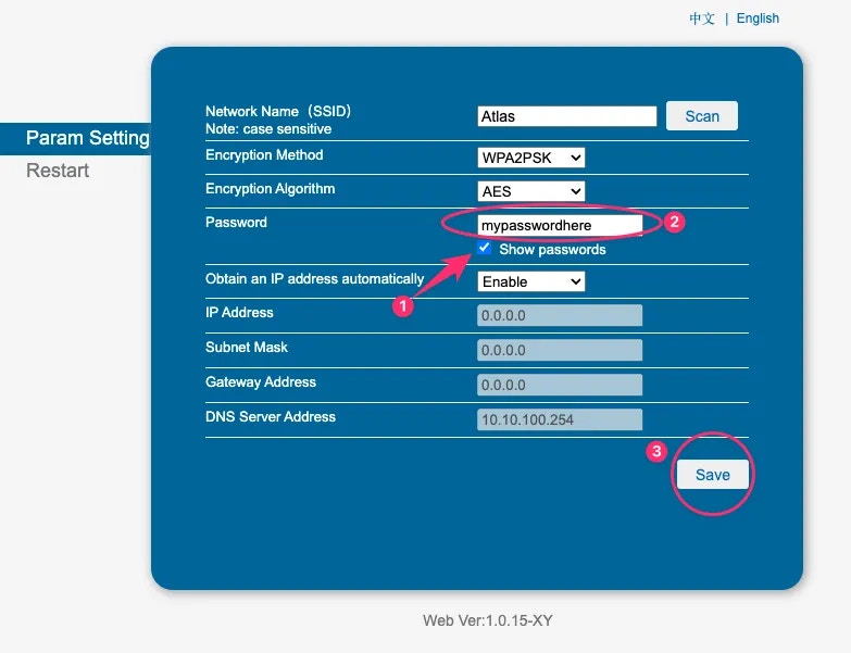 Printer WiFi password entry screen with password field, Show Password checkbox, and Save button